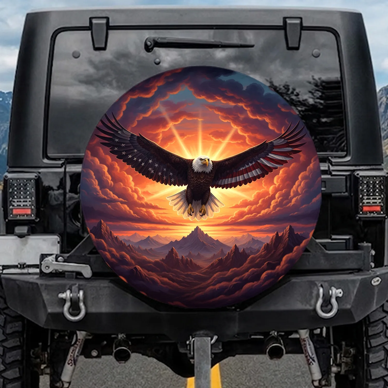 Bald Eagle American Flag Sunset Mountain - Independence Day Gift for Veterans Spare Tire Cover - 1