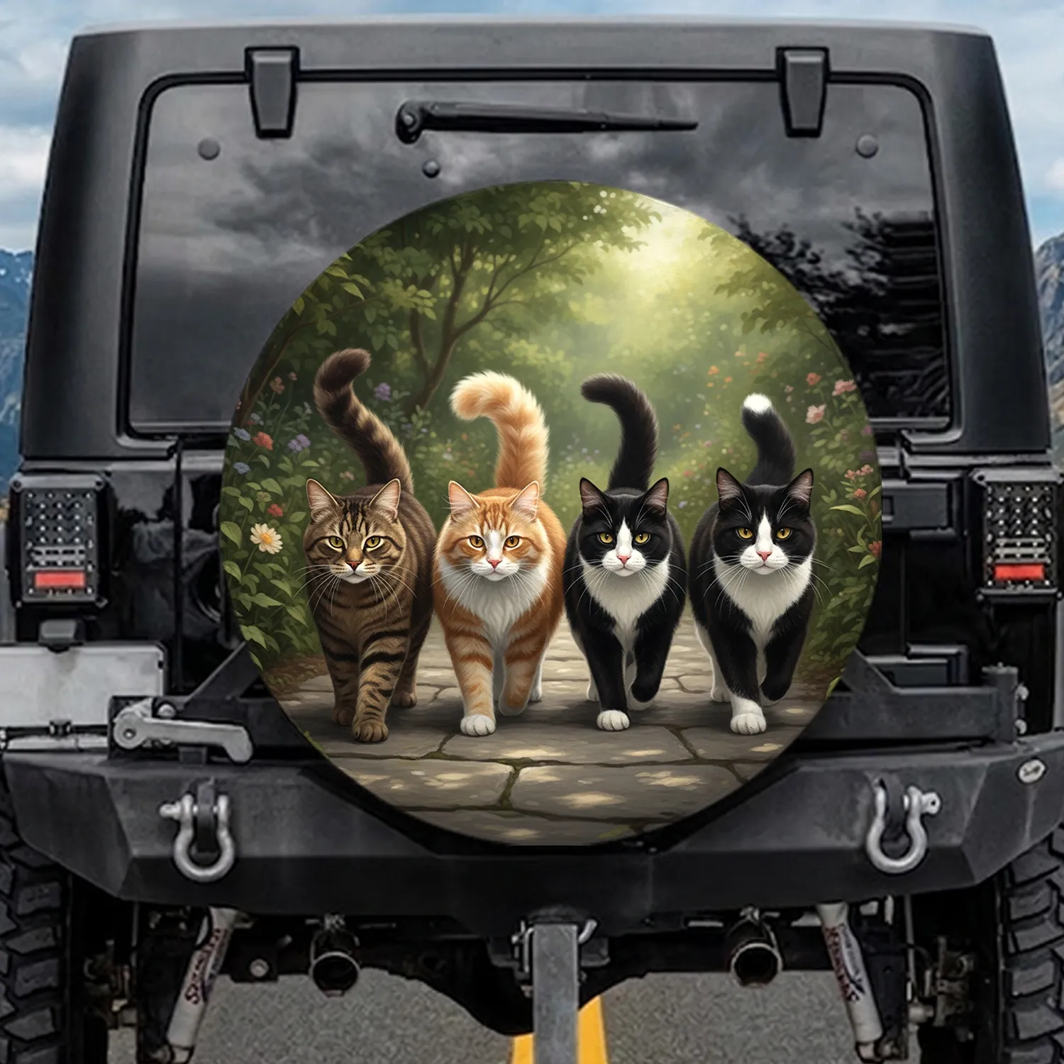Striped Tabby Ginger Tuxedo Cats Garden Path Dappled Shadows - Cat Lover Gift Spare Tire Cover - 1