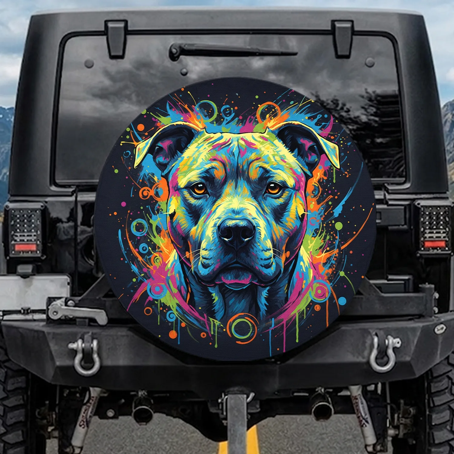 Pitbull Dog Portrait Abstract Splatters - Dog Lover Vehicle Decor Spare Tire Cover - 1