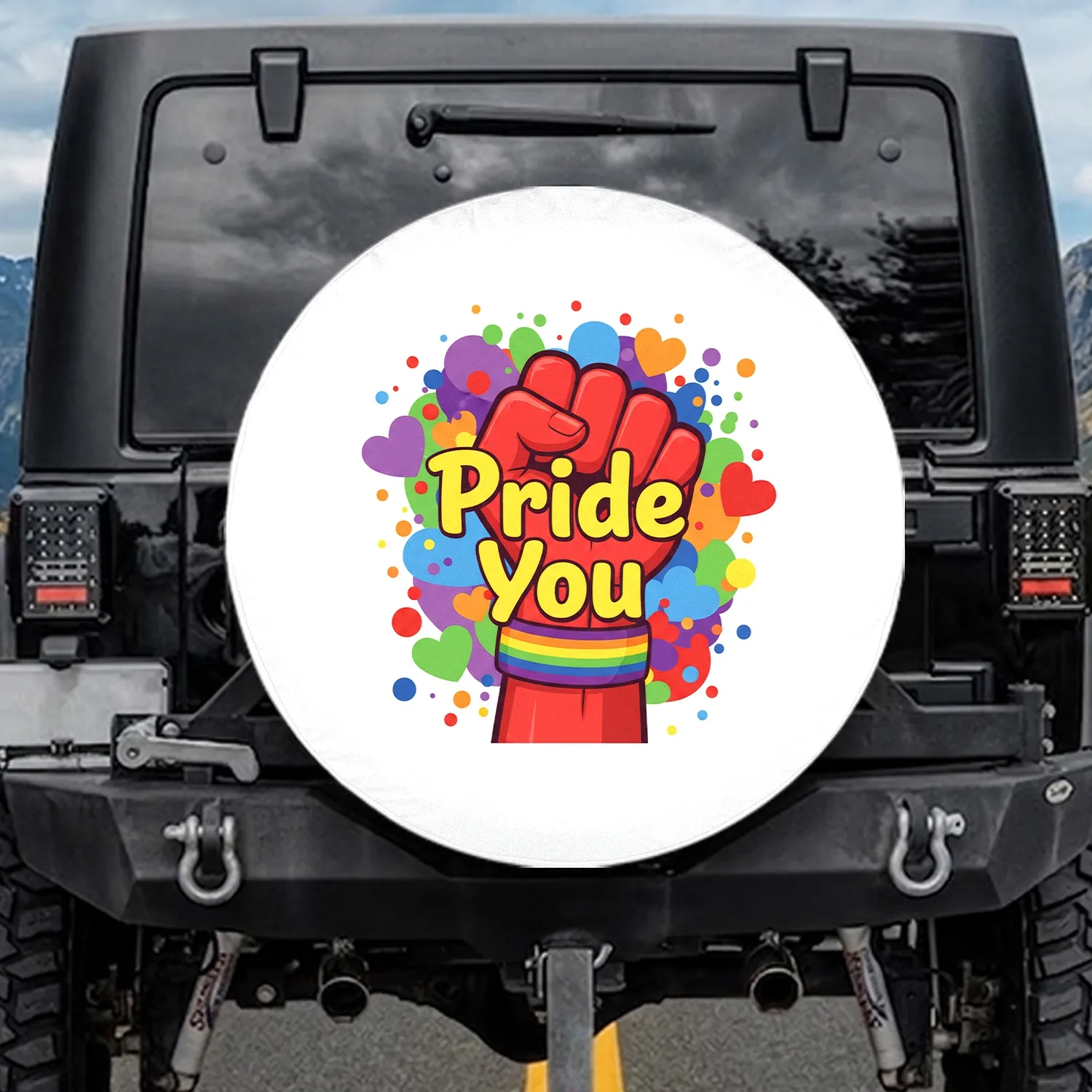 Red Fist Rainbow Hearts Pride You Pride Celebration Gift for LGBTQ+ Supporter Spare Tire Cover - 1