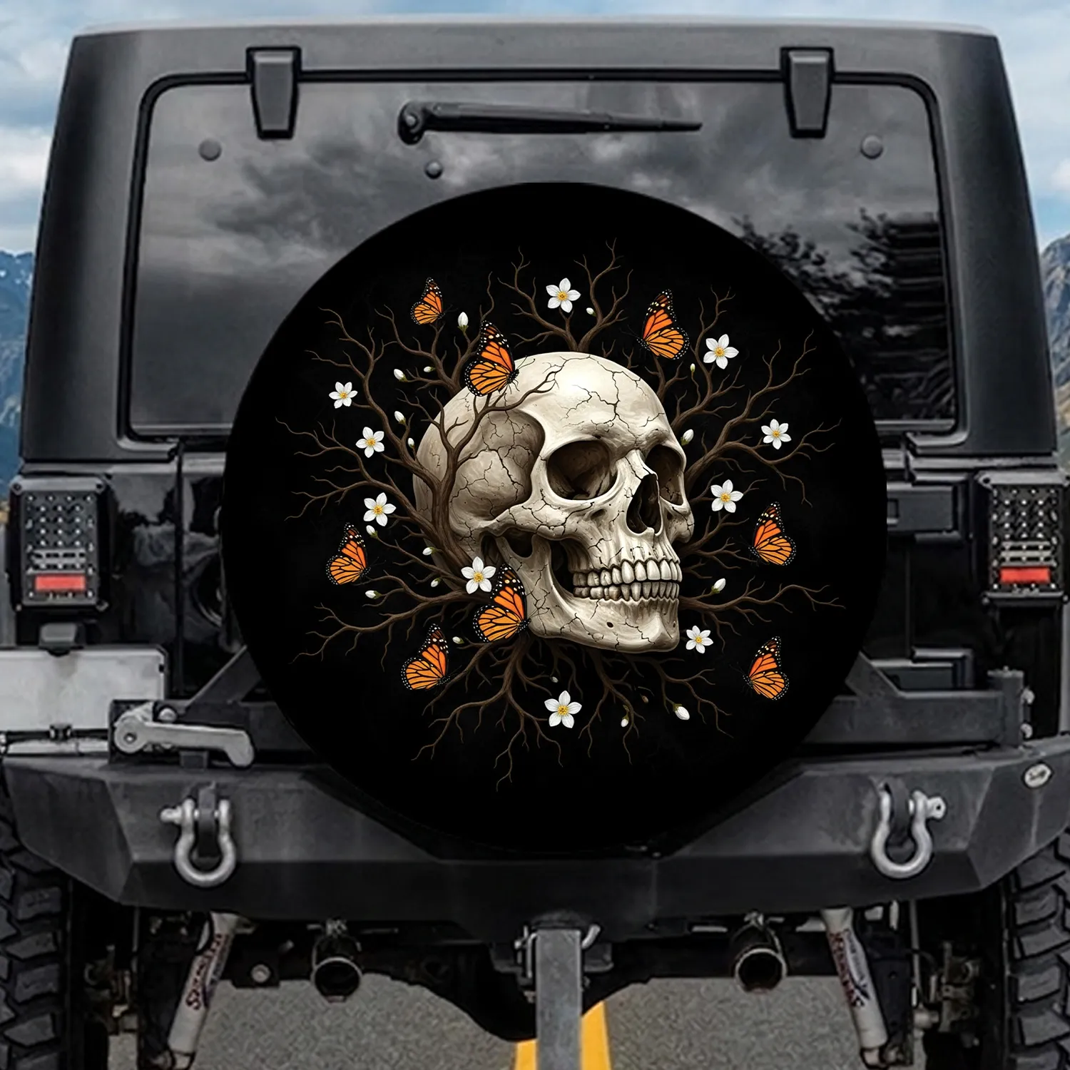 Skull Monarch Butterflies Tree Branches - Macabre Nature Decor Gift Spare Tire Cover - 1
