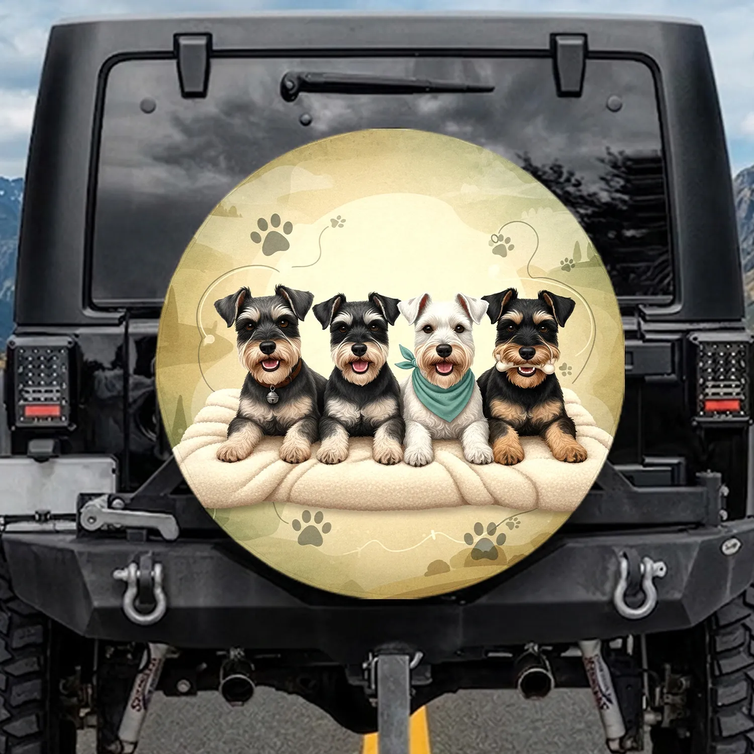 Schnauzer Dogs with Bell Bandana Bone Toy - Pet Lover Gift for Dog Owners Spare Tire Cover - 1
