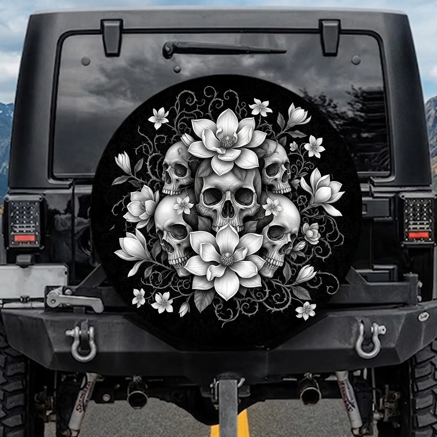 Three Skulls Magnolia Flowers Gothic Botanical Vines - Home Decor Gift for Gothic Lover Spare Tire Cover - 1