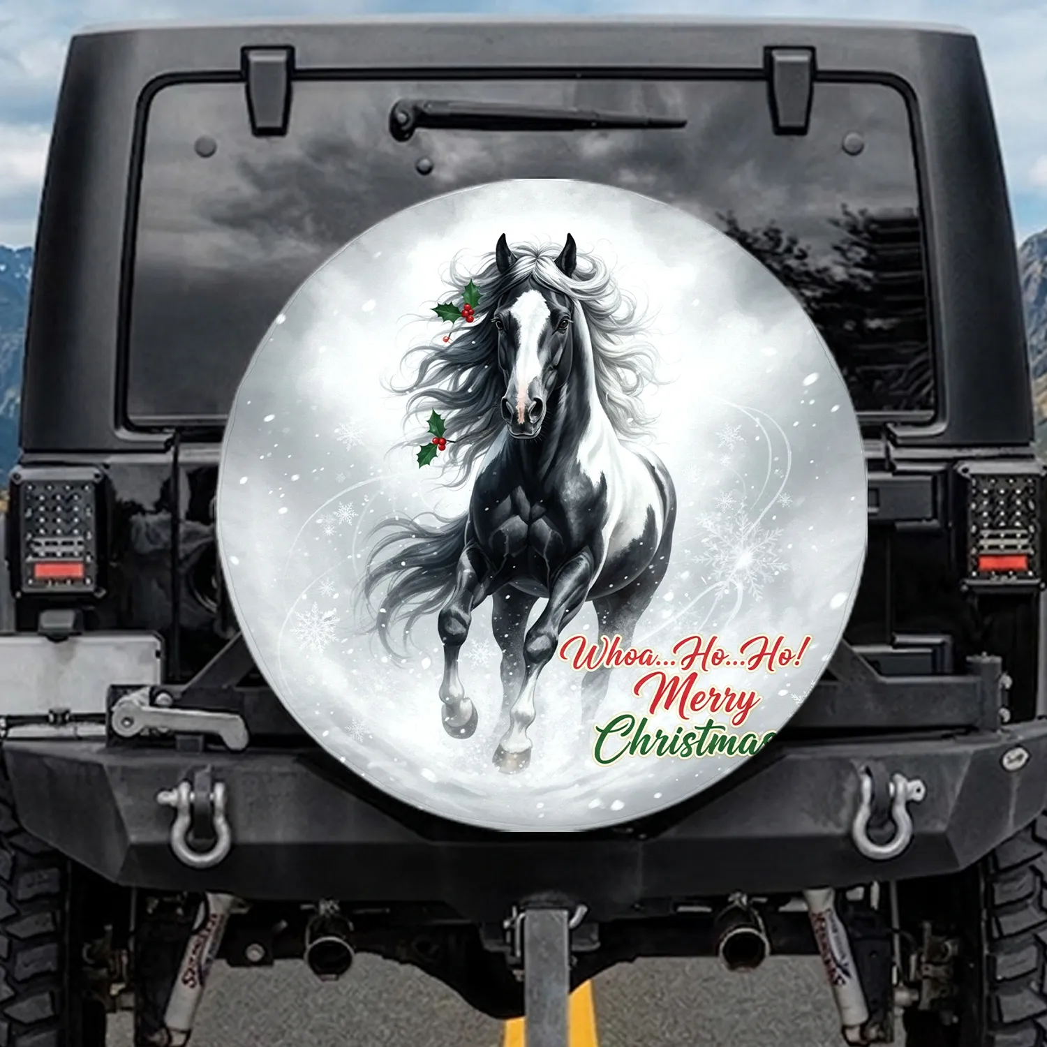 Black White Horse Holly Snowflakes - Christmas Gift for Horse Lover Spare Tire Cover - 1