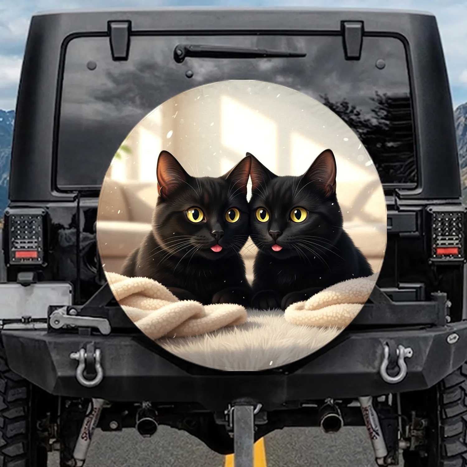 Curious Surprised Black Cat Pair Yellow Eyes - Pet Lover Gift Spare Tire Cover - 1