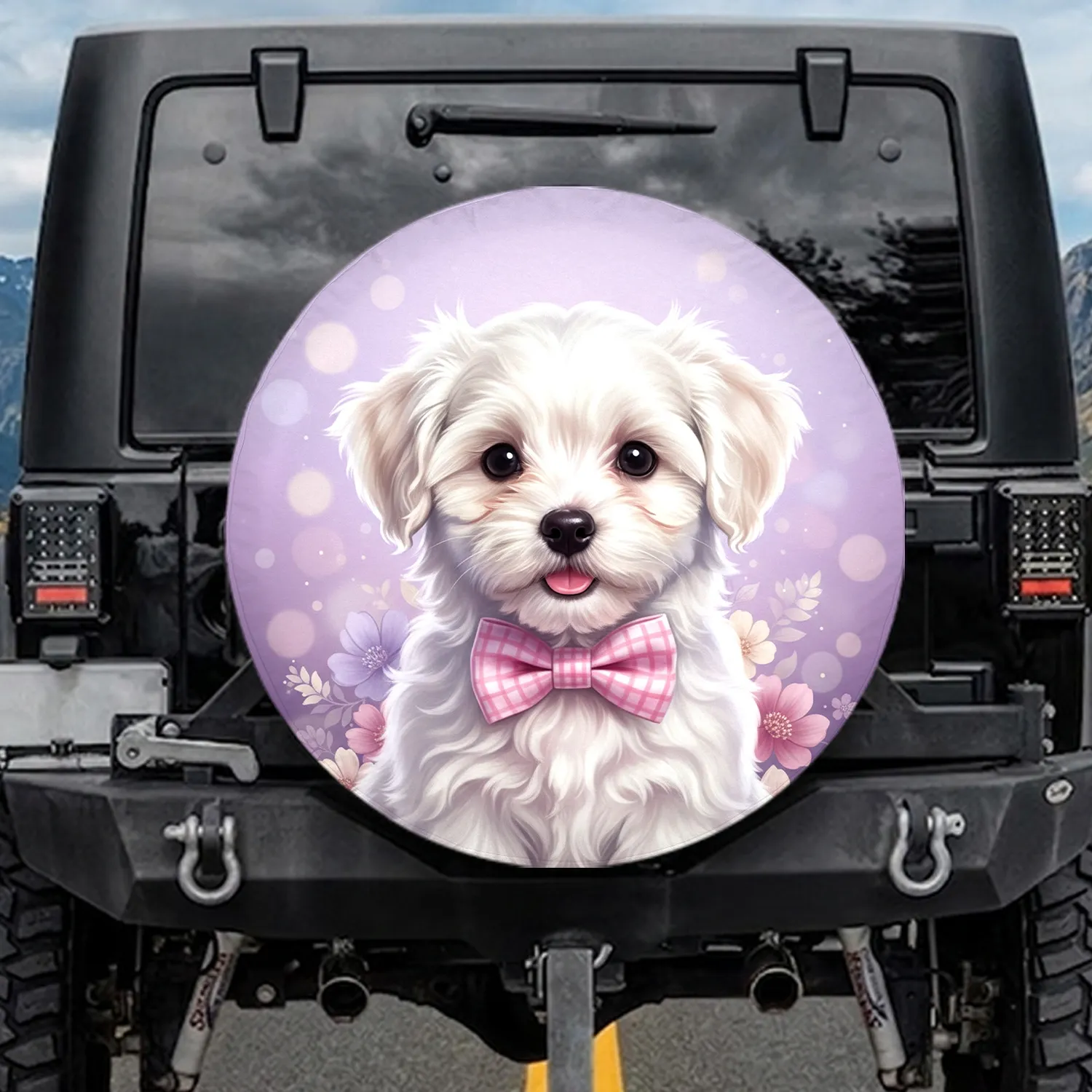 Maltese Puppy Dark Eyes Pink Checkered Bow Tie Flowers - Dog Lover Gift for Pet Owners Spare Tire Cover - 1
