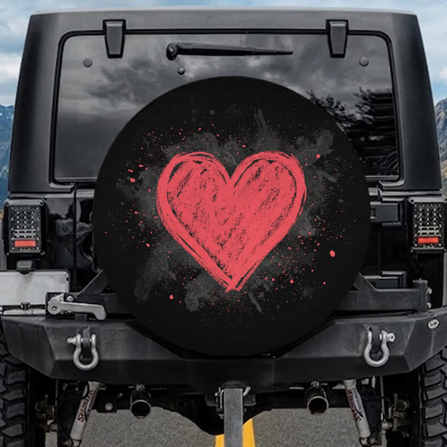 Bold Vibrant Pink Red Chalk Heart Dust on Matte Black - Love Gift Spare Tire Cover - 1