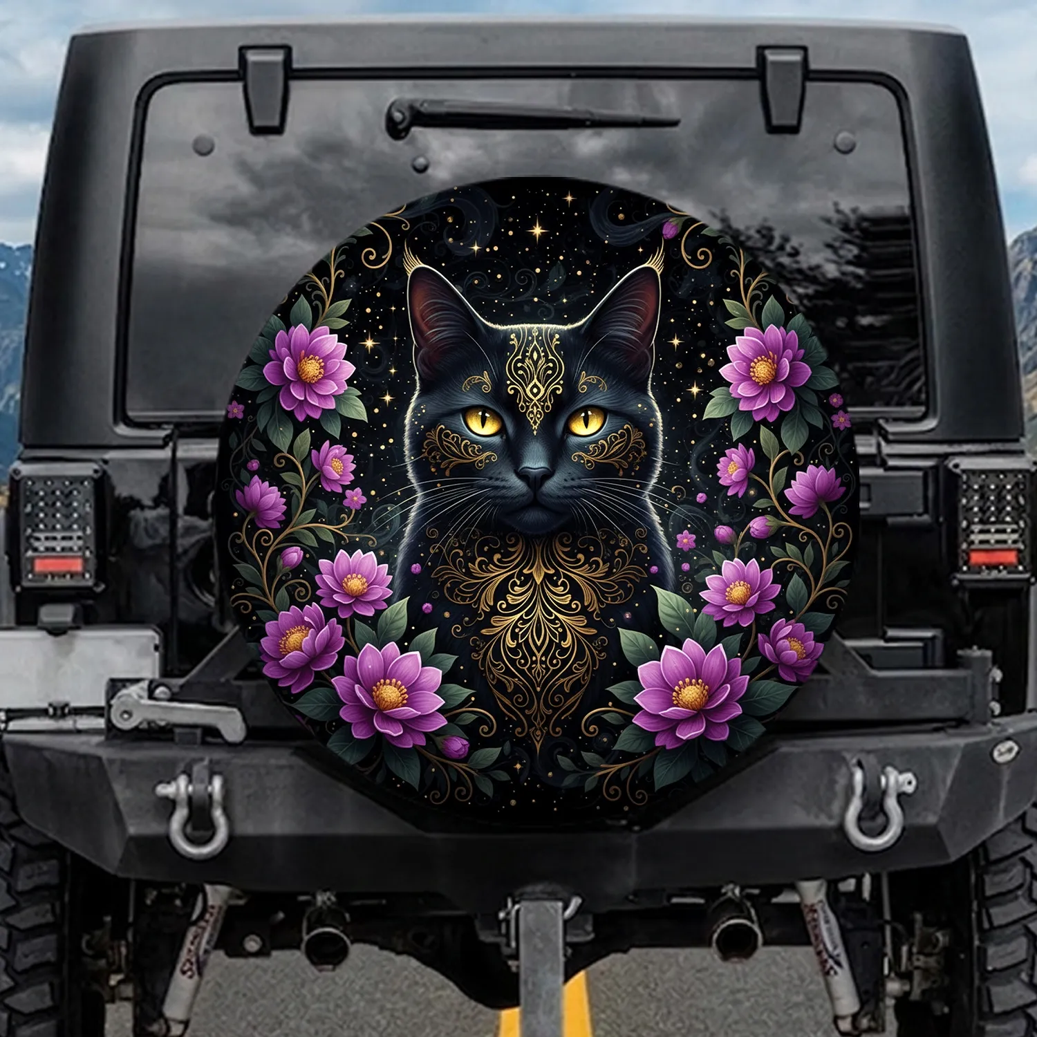 Black Cat Golden Filigree Purple Pink Blossoms Golden Vines Dark Leaves - Cat Lover Gift Spare Tire Cover - 1