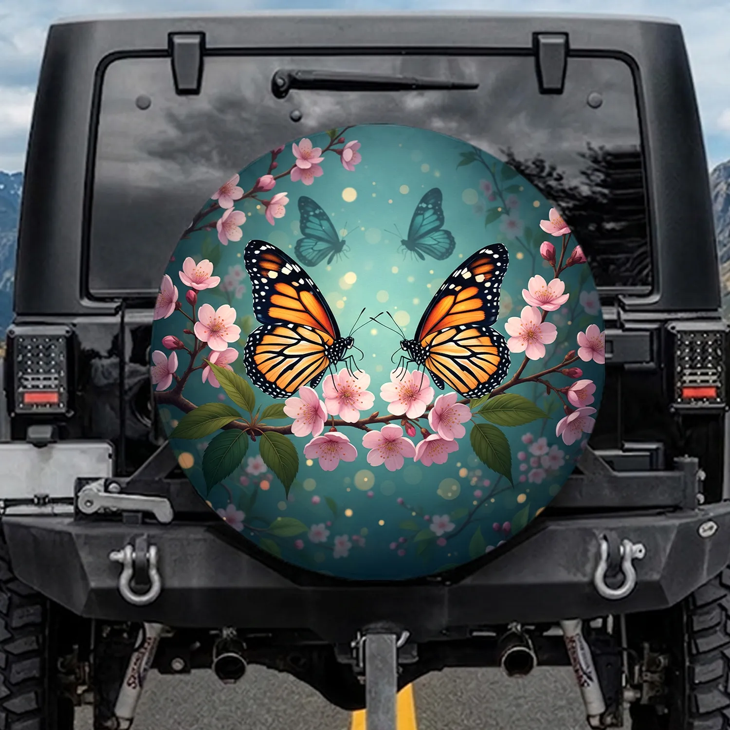 Monarch Butterflies Cherry Blossom - Wildlife Lover Vehicle Decor Spare Tire Cover - 1