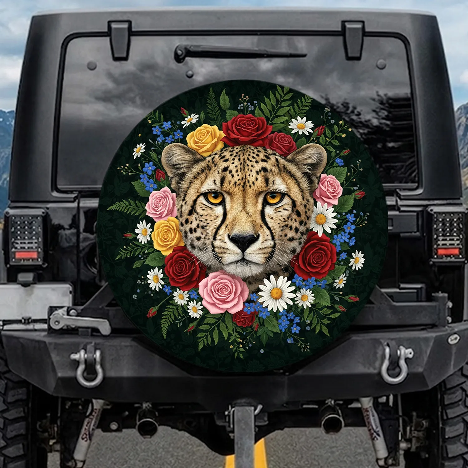Cheetah Head Roses Daisies Wildflowers Green Leaves Foliage - Wildlife Lover Gift Spare Tire Cover - 1