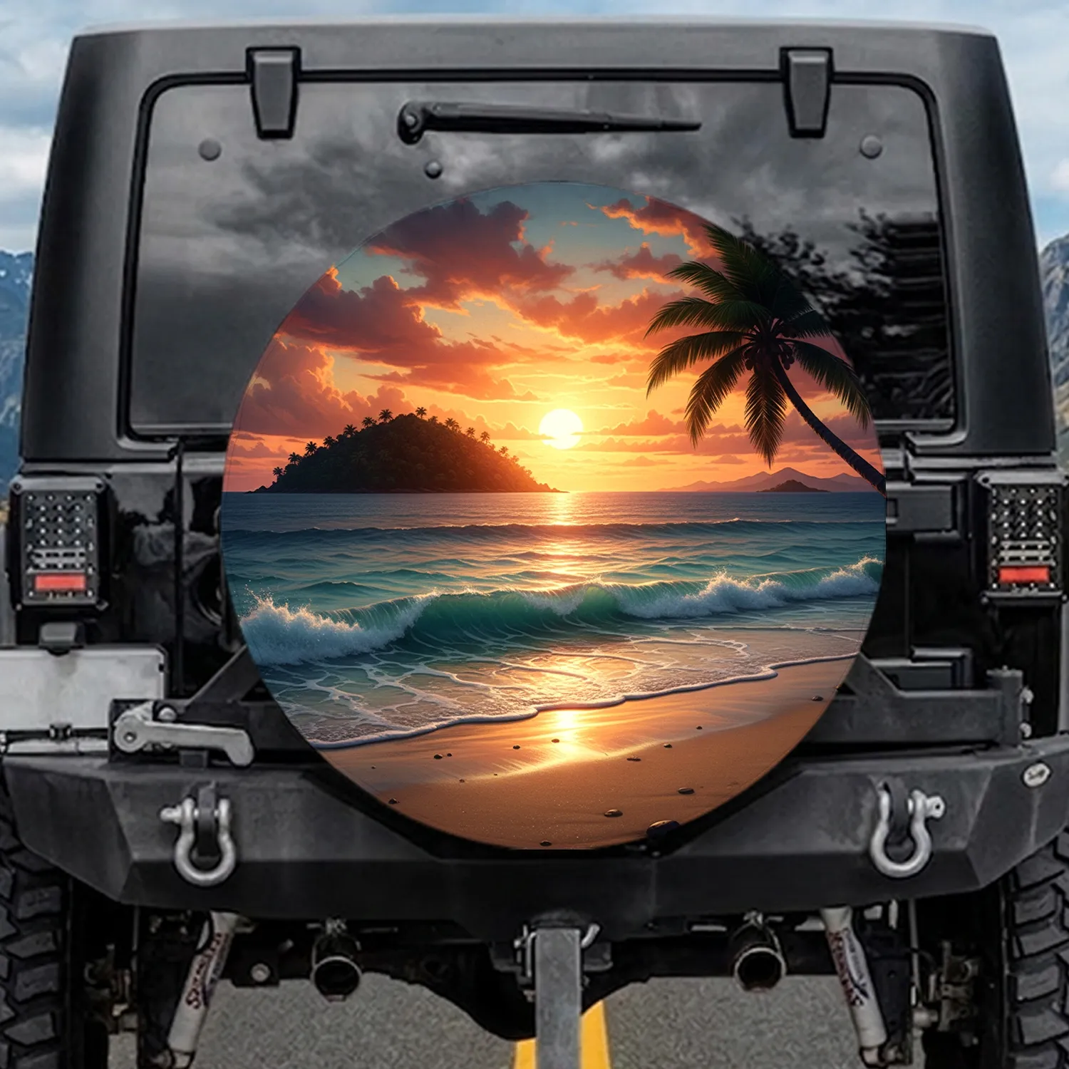 Tropical Sunset Verdant Island Pristine Beach Palm Tree Mountain - Travel Essentials Gift Spare Tire Cover - 1