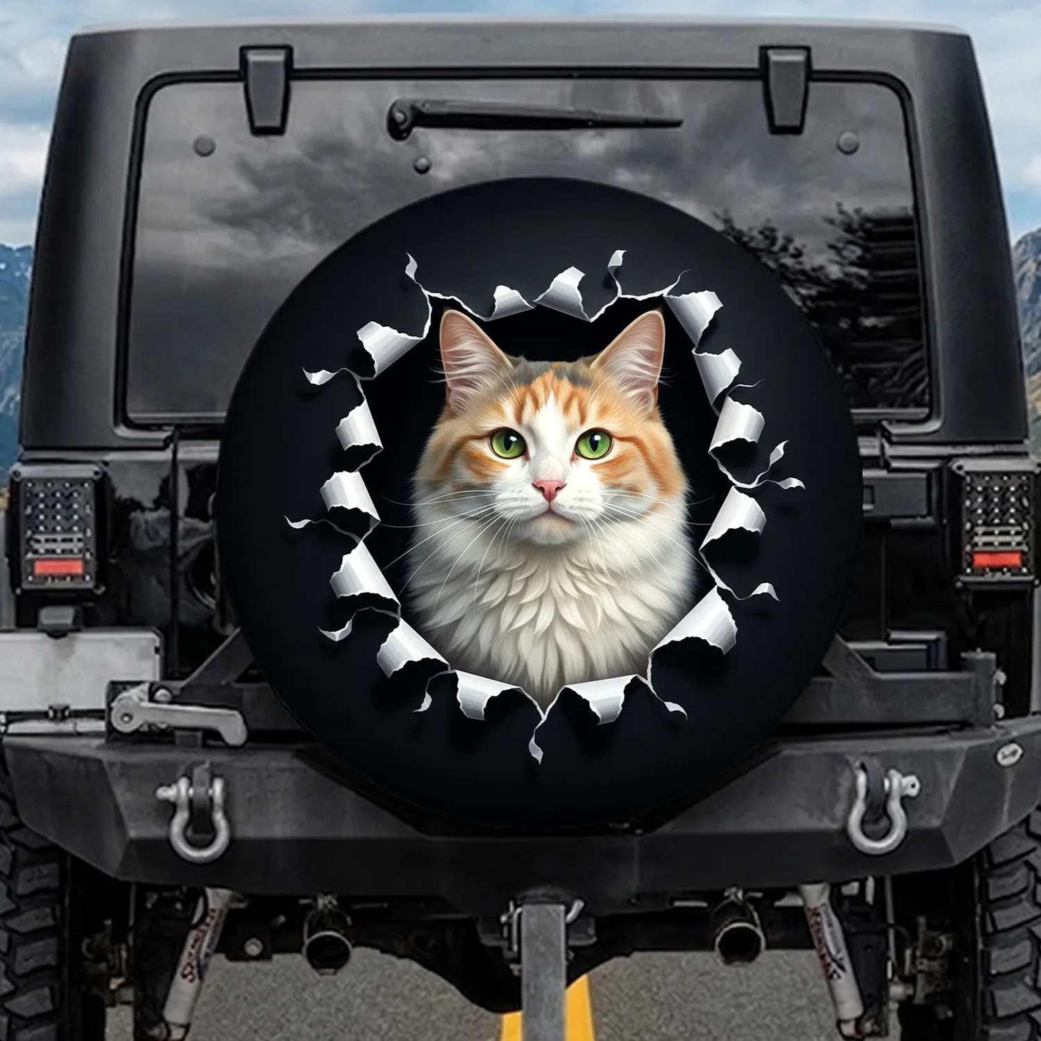 Fluffy Calico Cat Torn Paper Dimensional Rift - Cat Lover Gift Spare Tire Cover - 1
