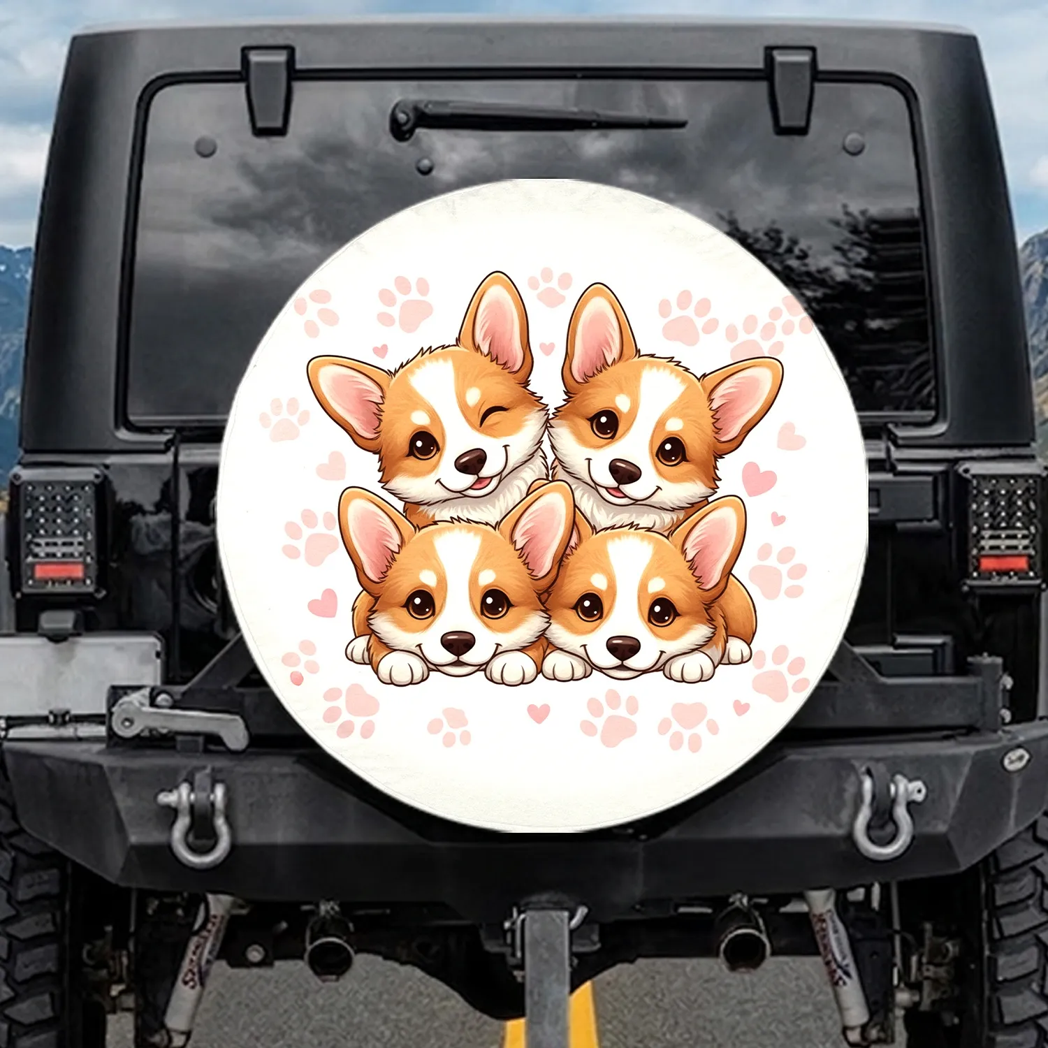Winking Resting Peeking Corgi Puppies Paw Prints Hearts - Corgi Owner Gift for Dog Parents Spare Tire Cover - 1