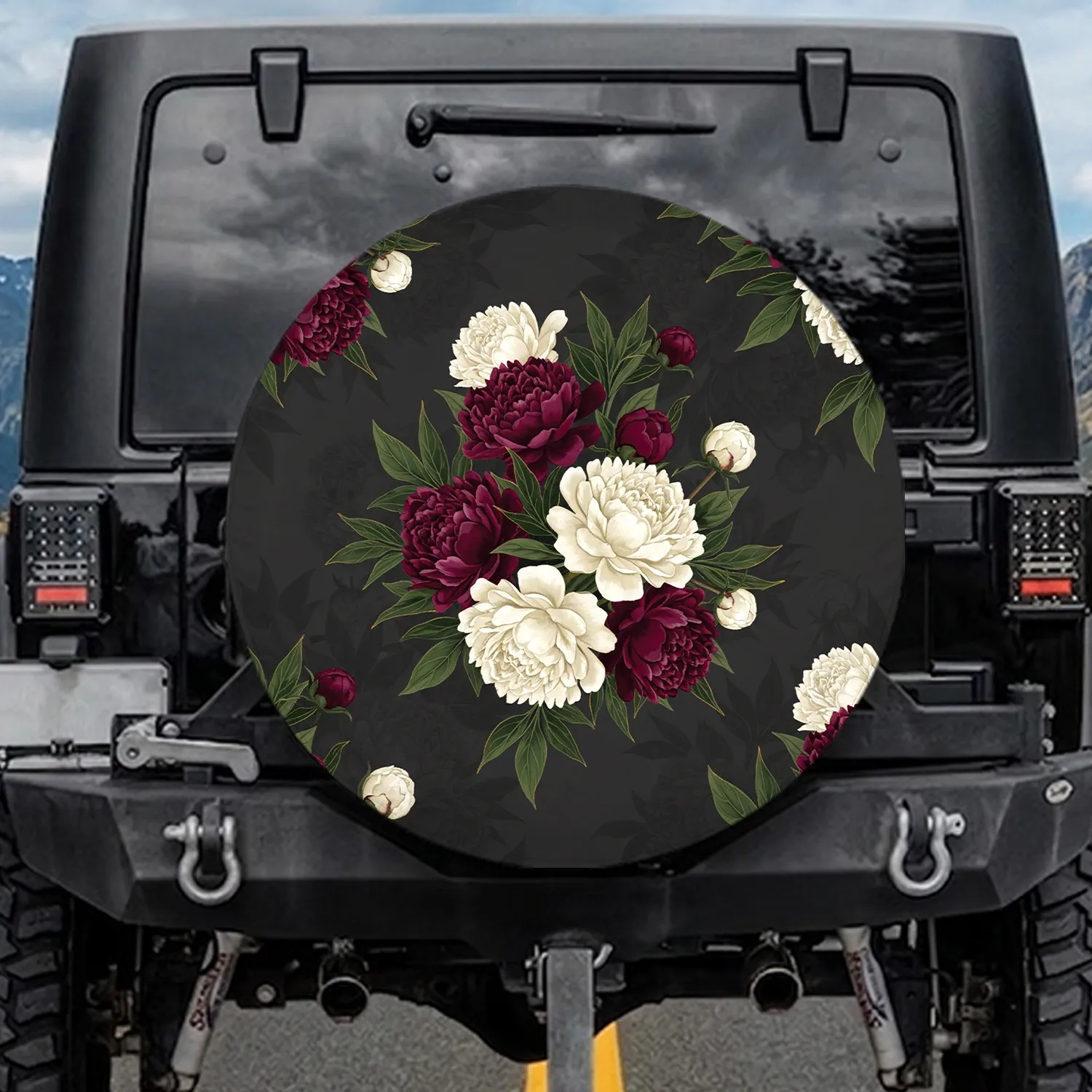 Lush Burgundy Cream Peonies Foliage - Home Decor Gift for Garden Lover Spare Tire Cover - 1