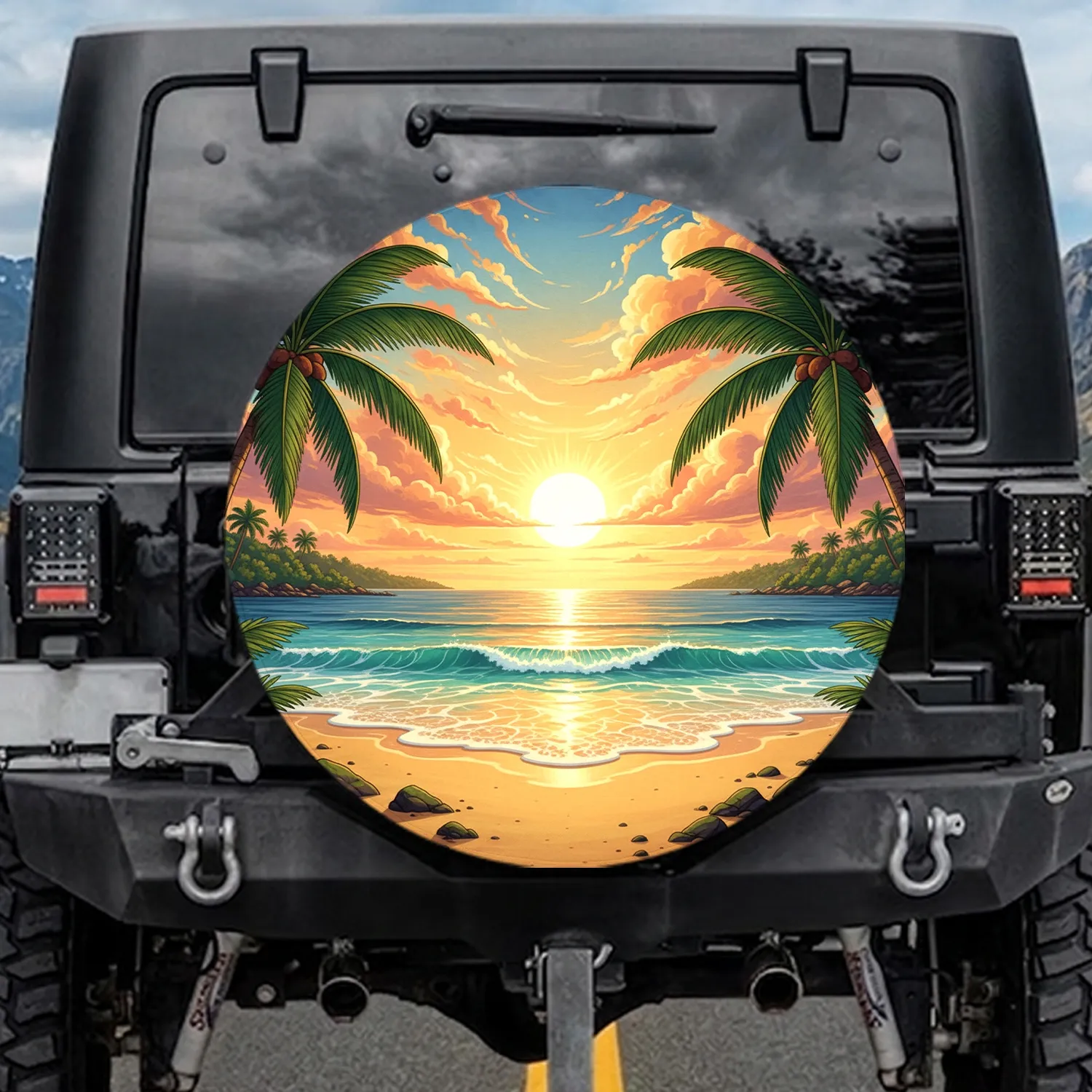 Tropical Beach Sunset Palm Trees Ocean - Travel Essentials for Beach Lovers Spare Tire Cover - 1