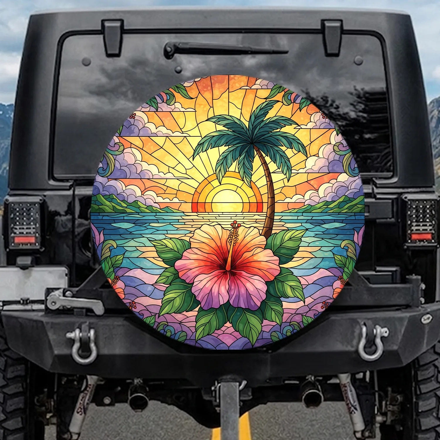 Hibiscus Palm Tree Foliage Sunset Ocean Tropical Island - Home Decor Gift Spare Tire Cover - 1