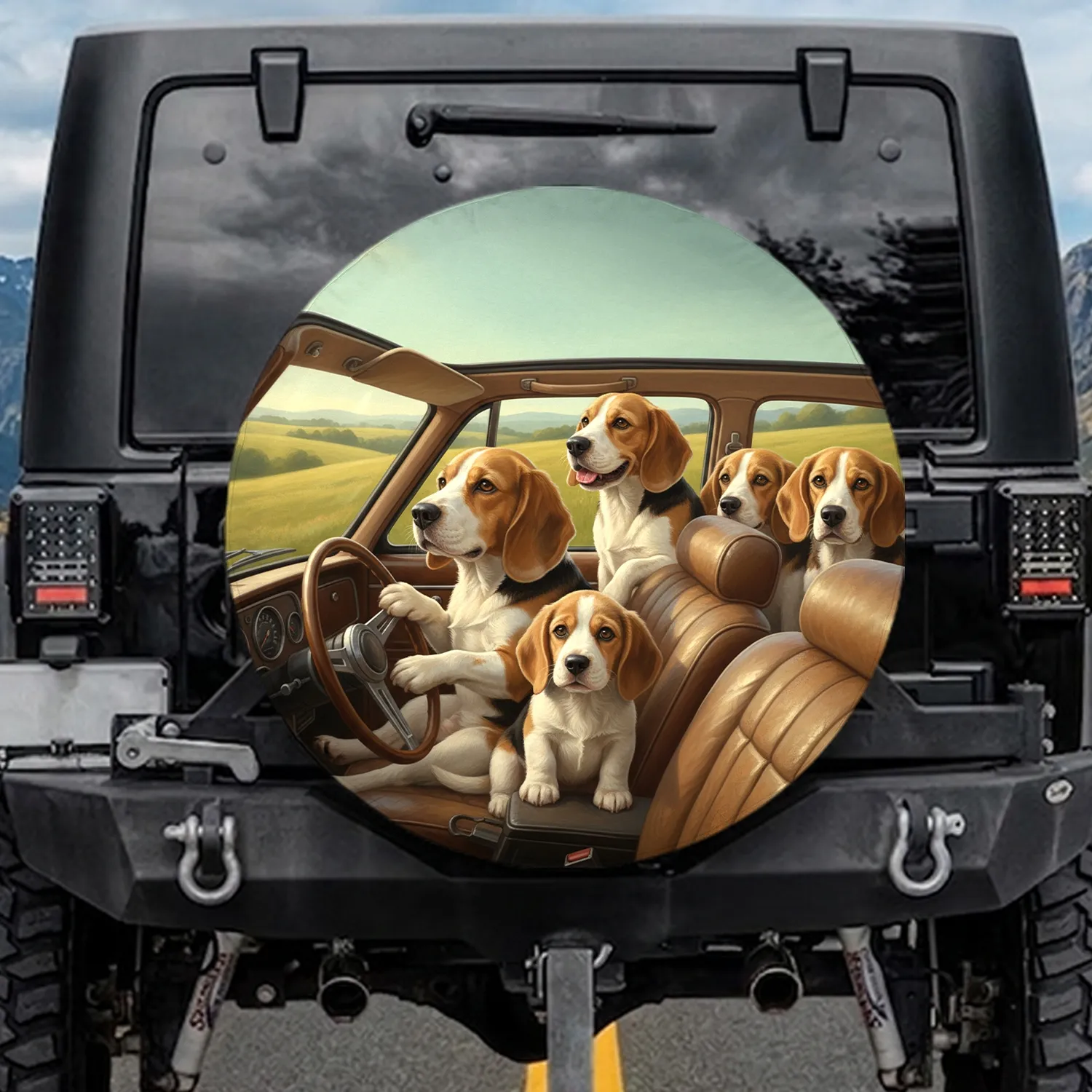 Beagle Dogs Driving Car Scene with Puppy & Rolling Hills - Dog Lover Travel Gift Spare Tire Cover - 1