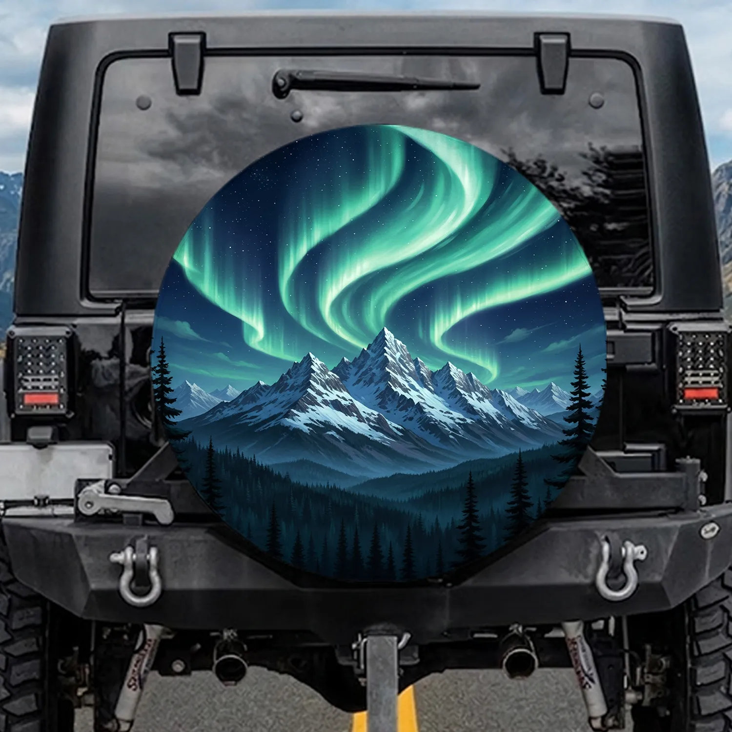 Northern Lights Starry Sky Snow Mountain Forest - Outdoor Adventure Gift Spare Tire Cover - 1