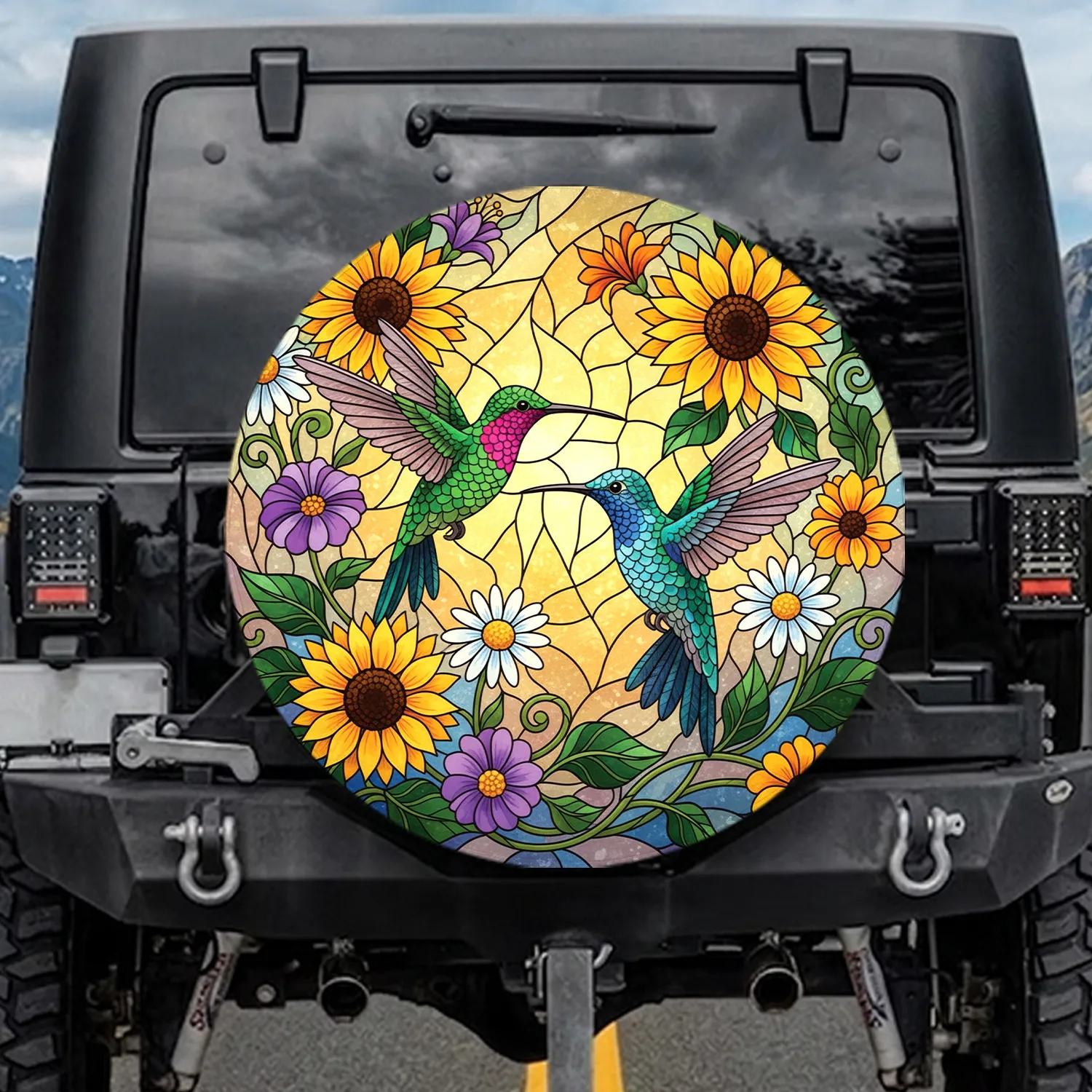 Two Hummingbirds Sunflowers Daisies Exotic Flowers - Wildlife Lover Gift Spare Tire Cover - 1