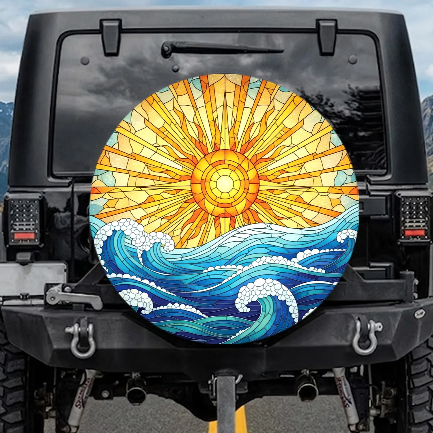 Stained Glass Sun Ocean Waves - Coastal Adventure Gift for Sea Lover Spare Tire Cover - 1