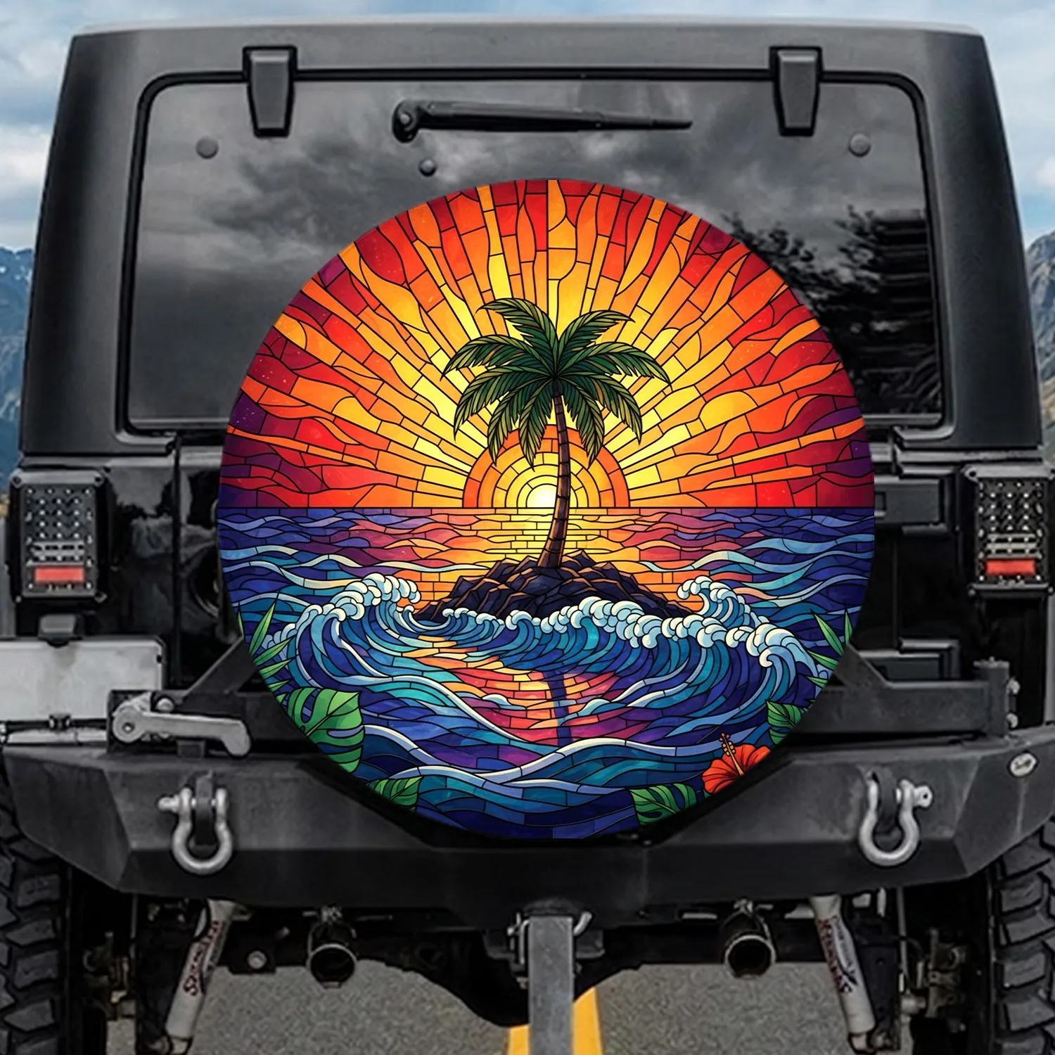 Majestic Tropical Palm Tree Ocean Sunset Scene - Coastal Lifestyle Travel Essentials Gift Spare Tire Cover - 1