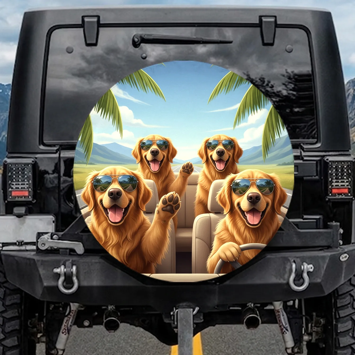Happy Golden Retrievers Road Trip Sunglasses Palm Trees - Dog Lover Gift Spare Tire Cover - 1