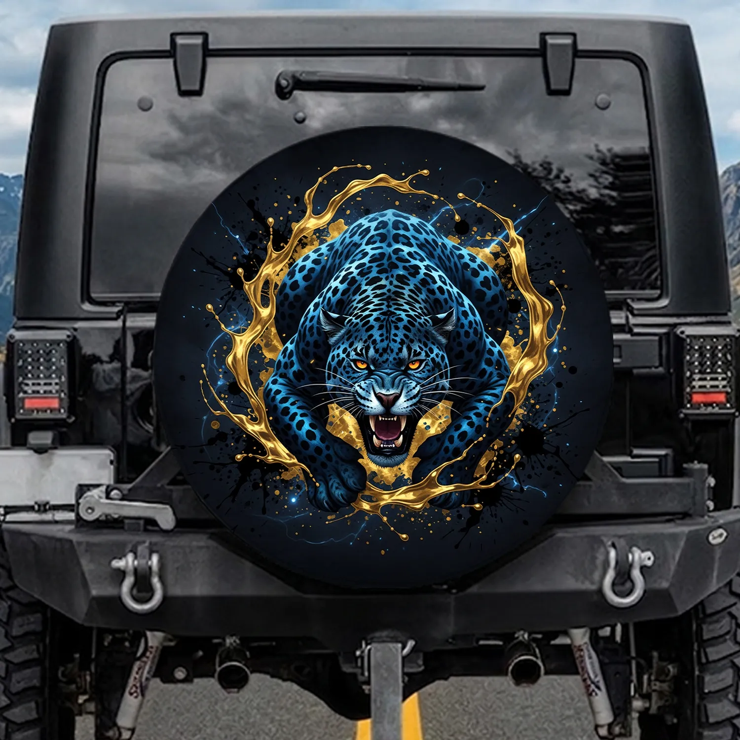 Ferocious Blue Spotted Jaguar Attacking Pose Gold Liquid Ink Vortex Dark Background - Adventure Seeker Gift Spare Tire Cover - 1