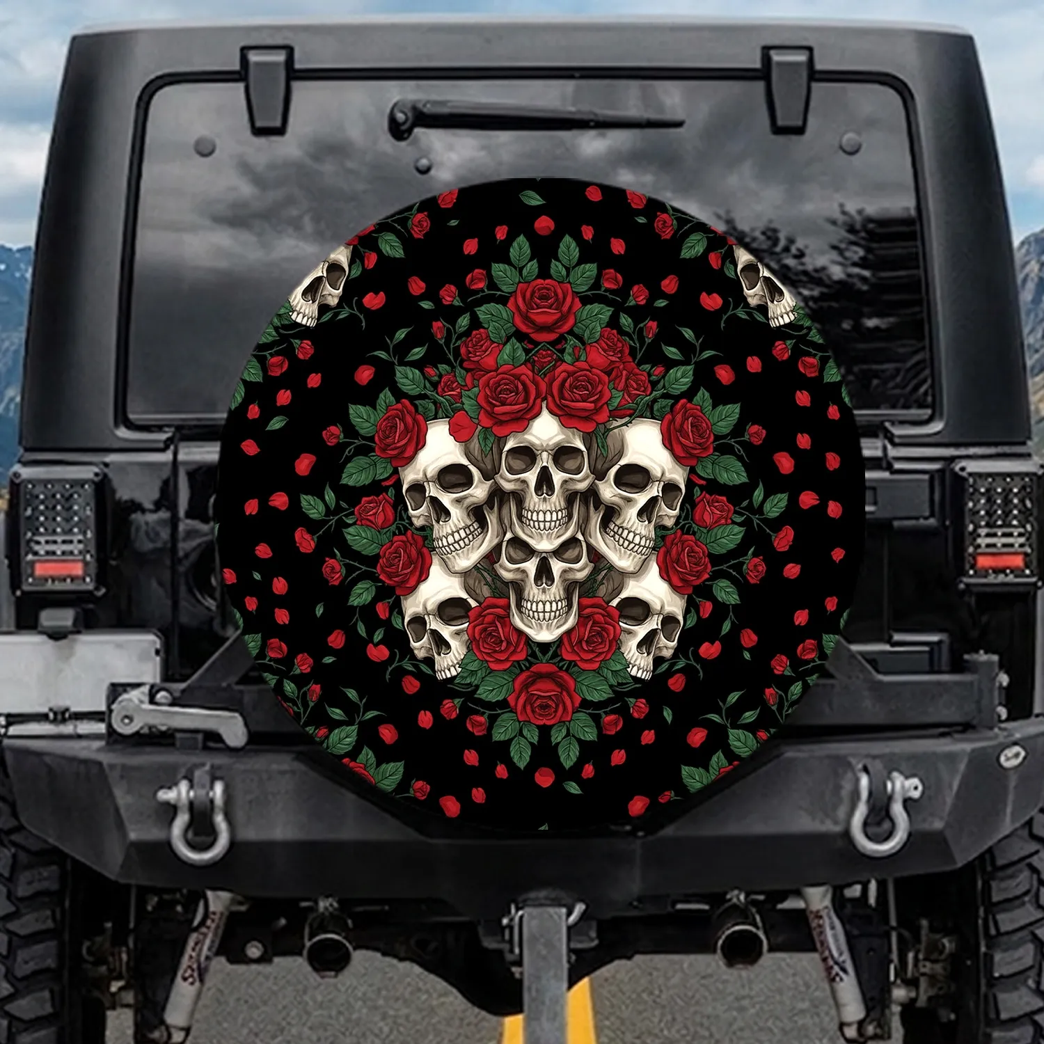 Bone White Skulls Crimson Roses Green Leaves - Gothic Elegance Decor Gift Spare Tire Cover - 1