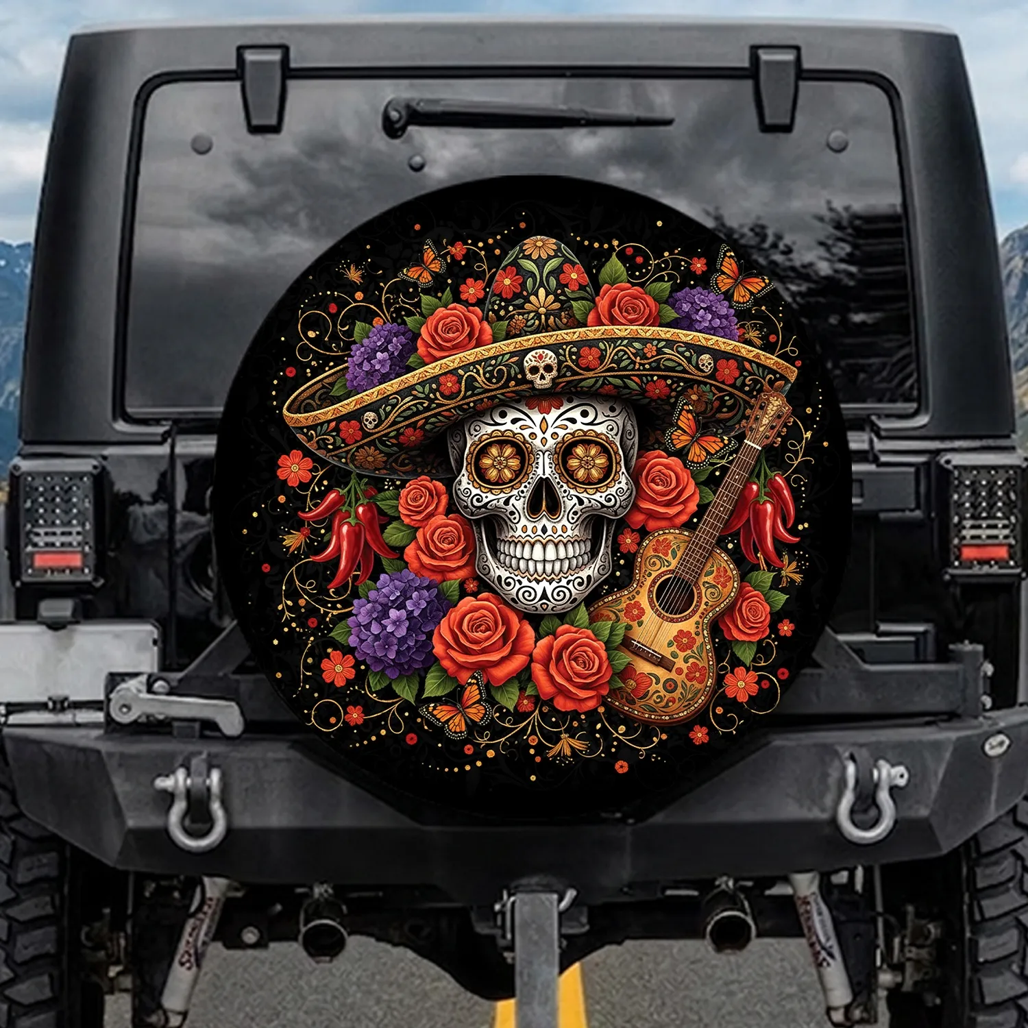 Sugar Skull Sombrero Roses Butterflies Guitar - Dia de los Muertos Celebration Spare Tire Cover - 1