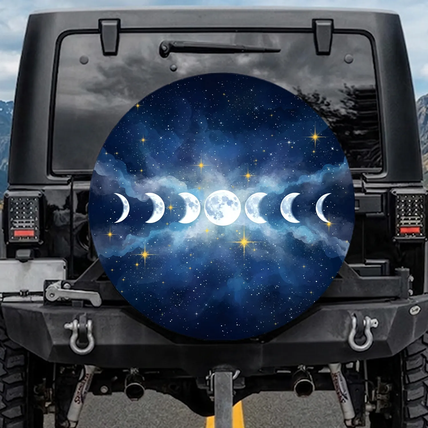 Eight Lunar Phases Golden Sparkle Stars Midnight Blue Galaxy - Cosmic Lover Gift Spare Tire Cover - 1