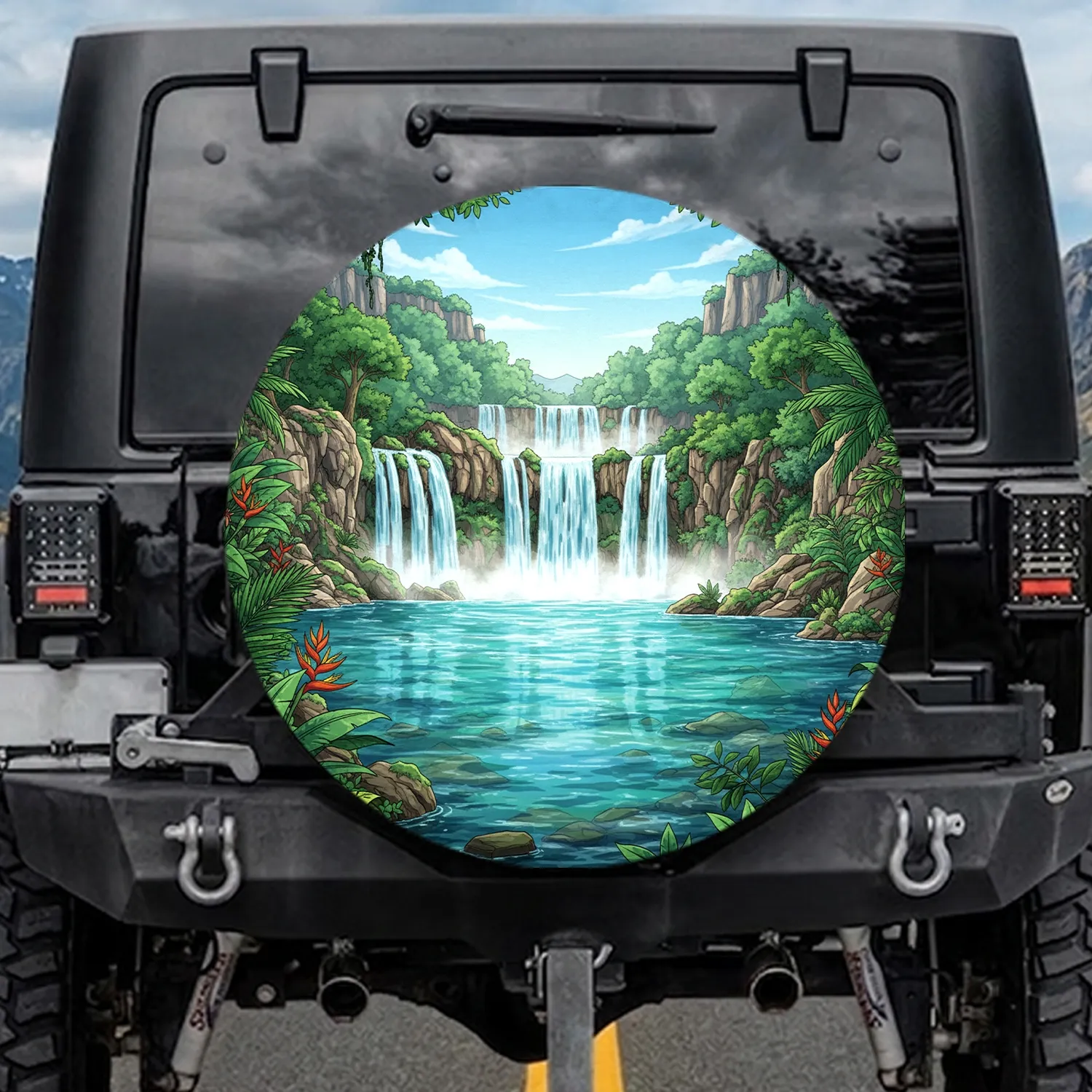 Multi-tiered Waterfall Tropical Jungle Landscape - Nature Lover Gift Spare Tire Cover - 1