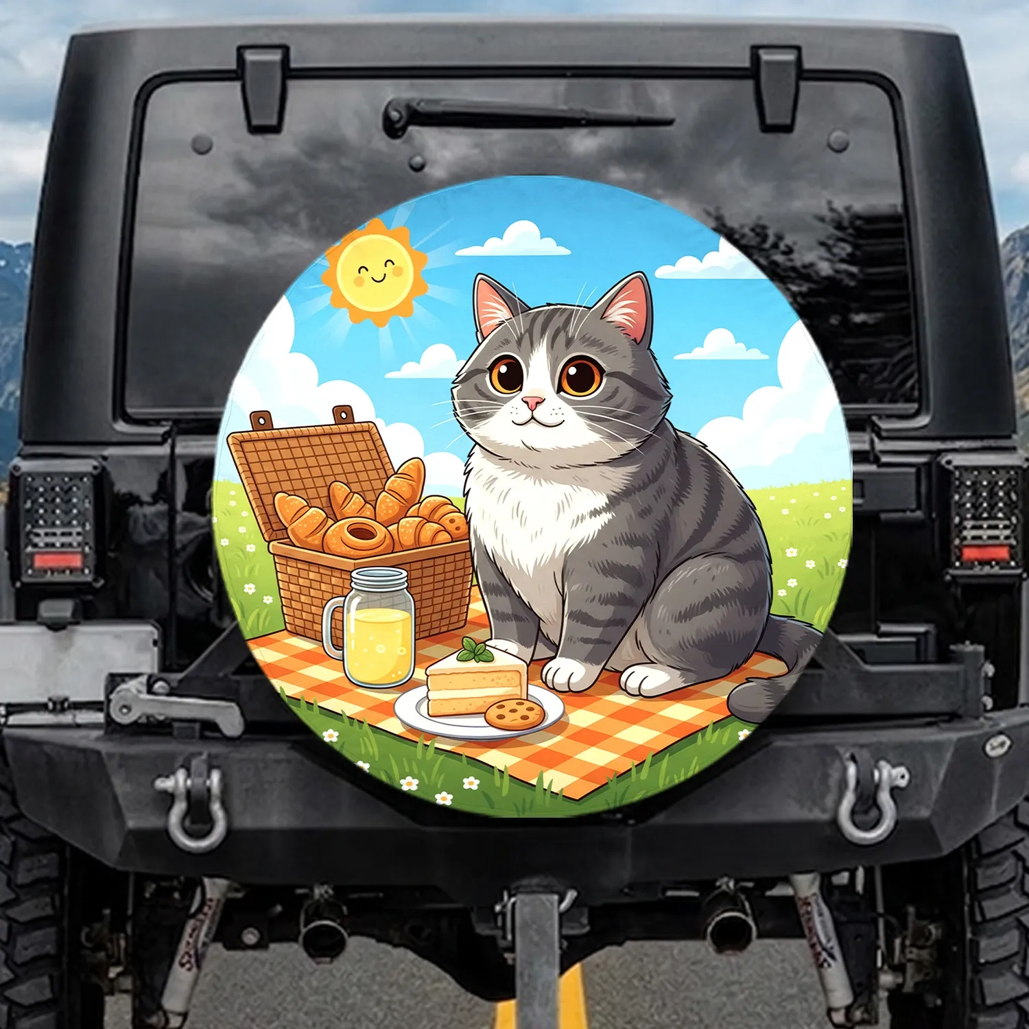 Tabby Cat Picnic Blanket Cake Cookie Basket Lemonade Sun Clouds Field Flowers - Cat Lover Gift Spare Tire Cover - 1