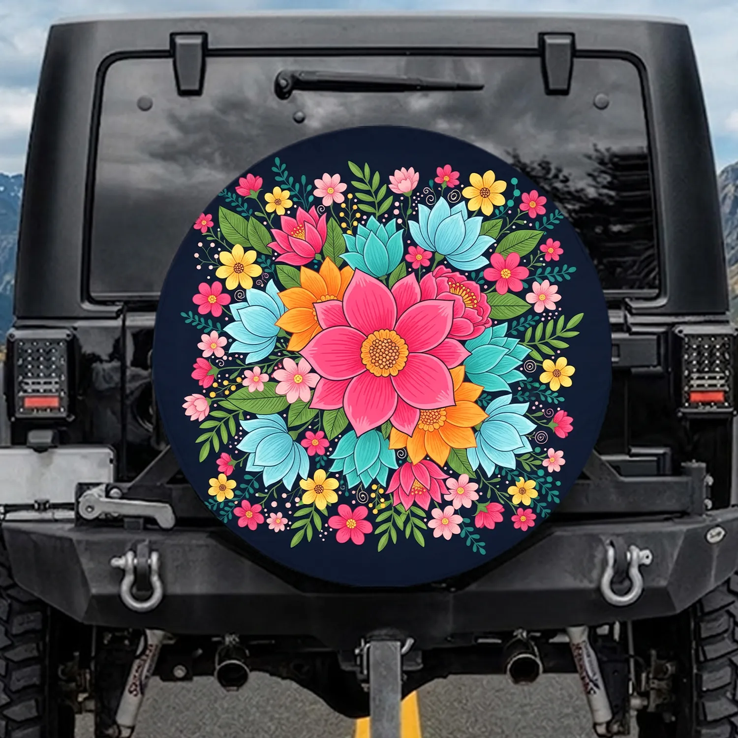 Hot Pink Orange Turquoise Lotus Flowers Botanical Tapestry - Garden Lover Gift Spare Tire Cover - 1