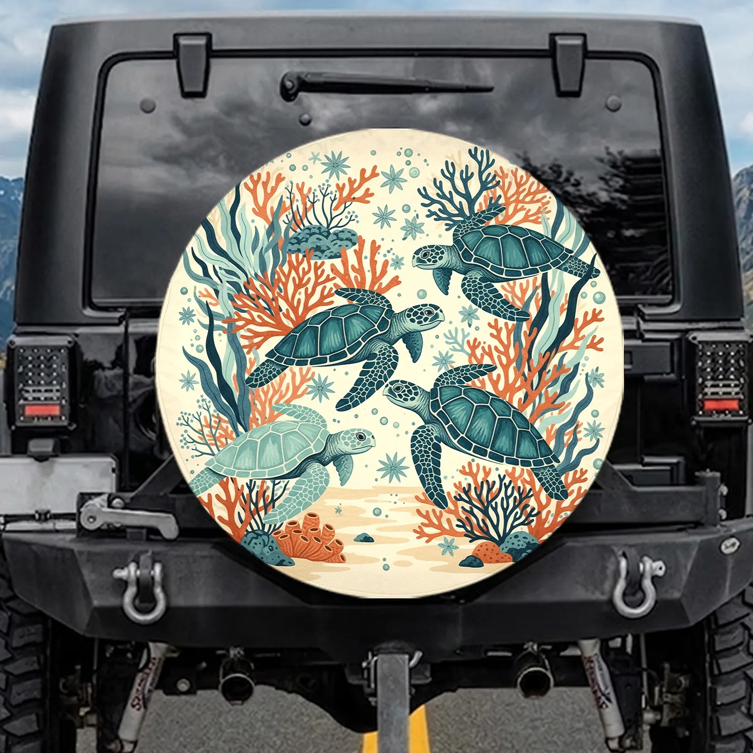 Sea Turtles Coral Marine Plants Sandy Depths Star Floral - Ocean Life Lover Gift Spare Tire Cover - 1
