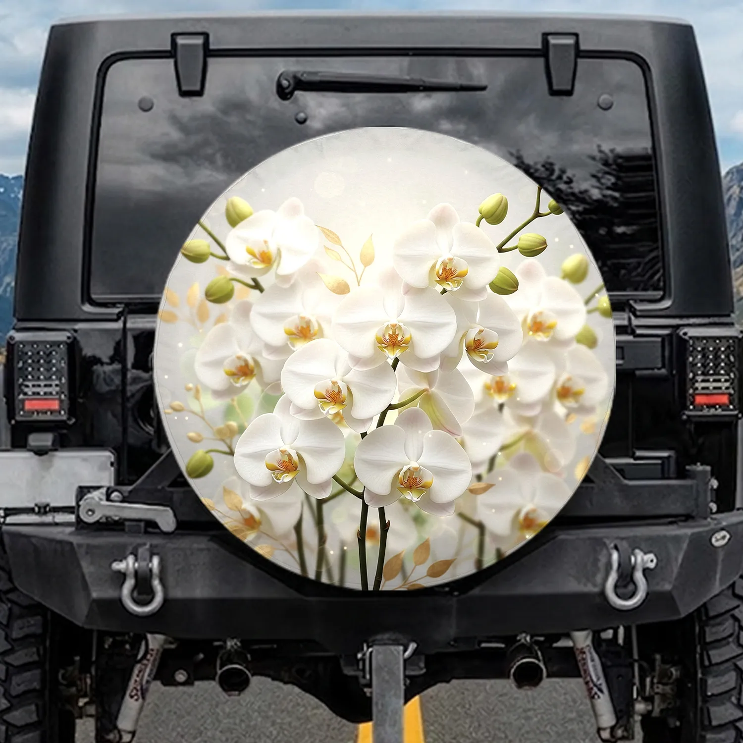 White Phalaenopsis Orchid Floral Blooms Green Buds - Botanical Home Decor Gift Spare Tire Cover - 1