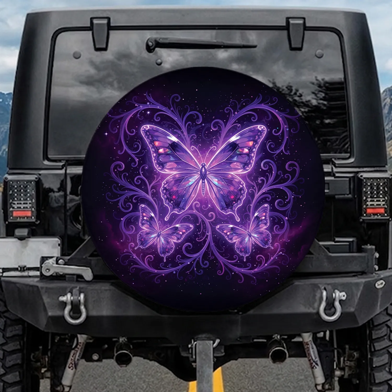 Iridescent Purple Butterflies Glowing Tendrils Cosmic Sky - Space Lover Home Decor Gift Spare Tire Cover - 1