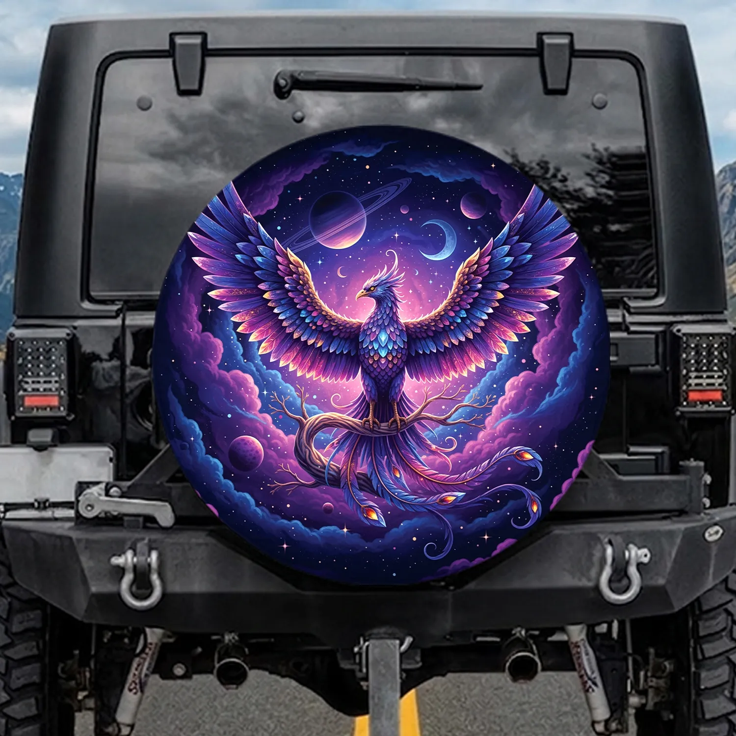 Majestic Iridescent Crystal Phoenix Cosmic Nebula Planet Moon - Fantasy Lover Gift Spare Tire Cover - 1