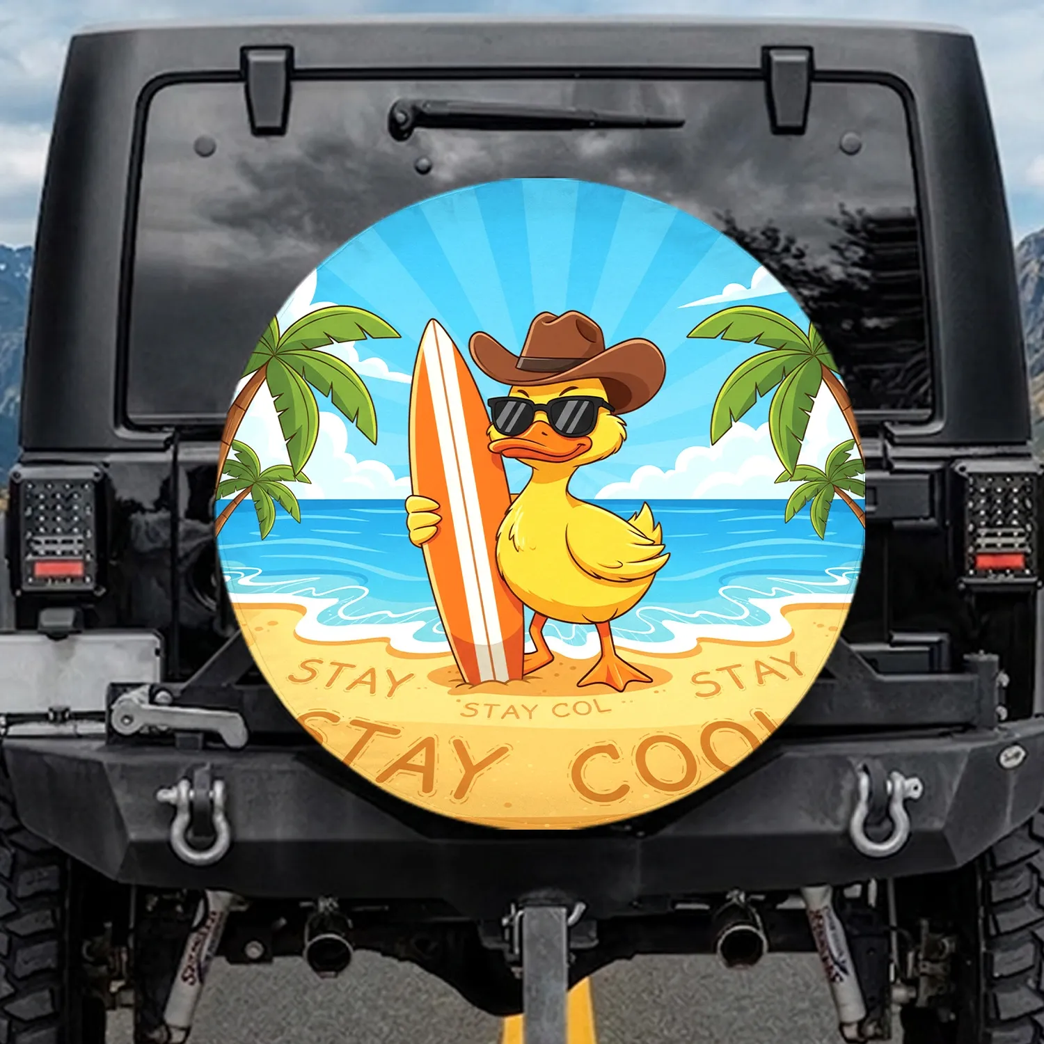 Yellow Duck Cowboy Hat Surfboard - Summer Beach Travel for Surfer Spare Tire Cover - 1
