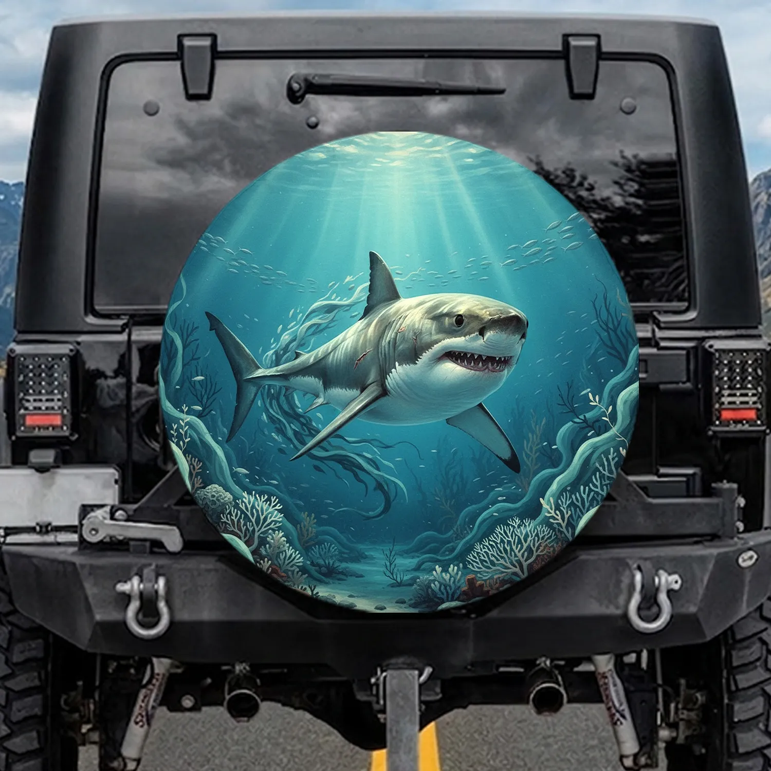 Great White Shark Ocean Depths - Wildlife Lover Gift for Ocean Life Fan Spare Tire Cover - 1