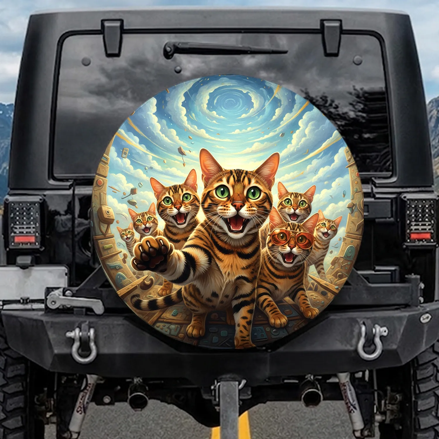 Adventurous Bengal Cats Excitement Journey - Road Trip Essential Cat Lover Gift Spare Tire Cover - 1