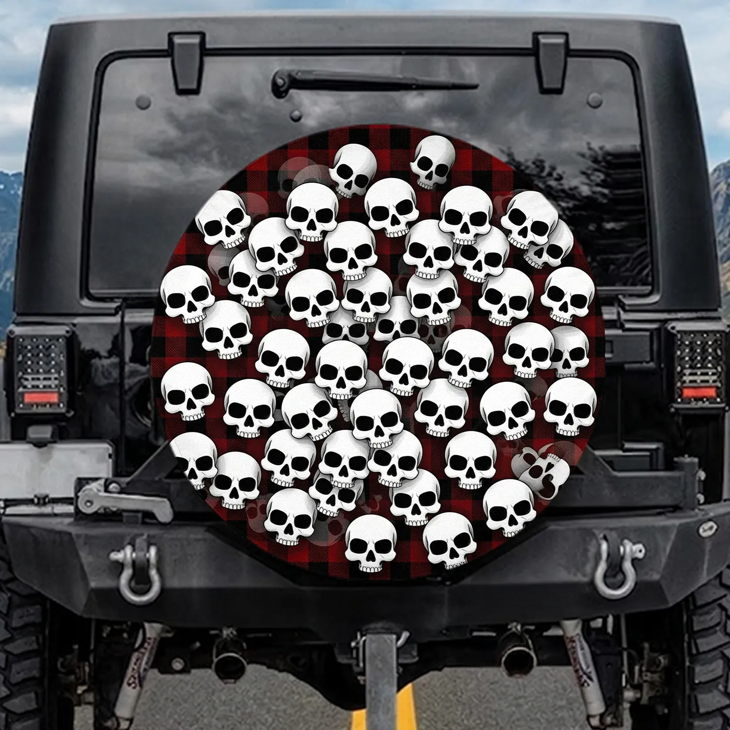 Stark White Skulls Scarlet Red Black Tartan Plaid - Automotive Decor Gift Spare Tire Cover - 1