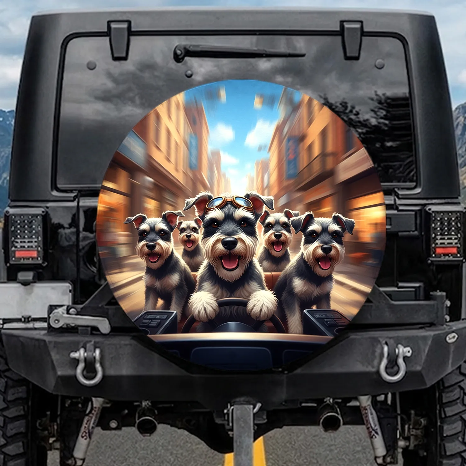 Five Schnauzer Dogs Urban City Drive - Road Trip Travel Gift for Dog Lovers Spare Tire Cover - 1