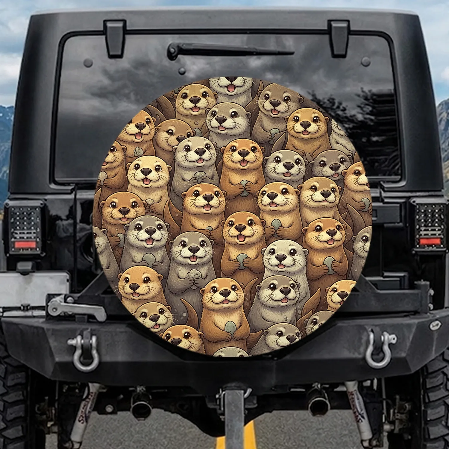 Continuous Expressive Otters Crowd - Wildlife Lover Gift Spare Tire Cover - 1