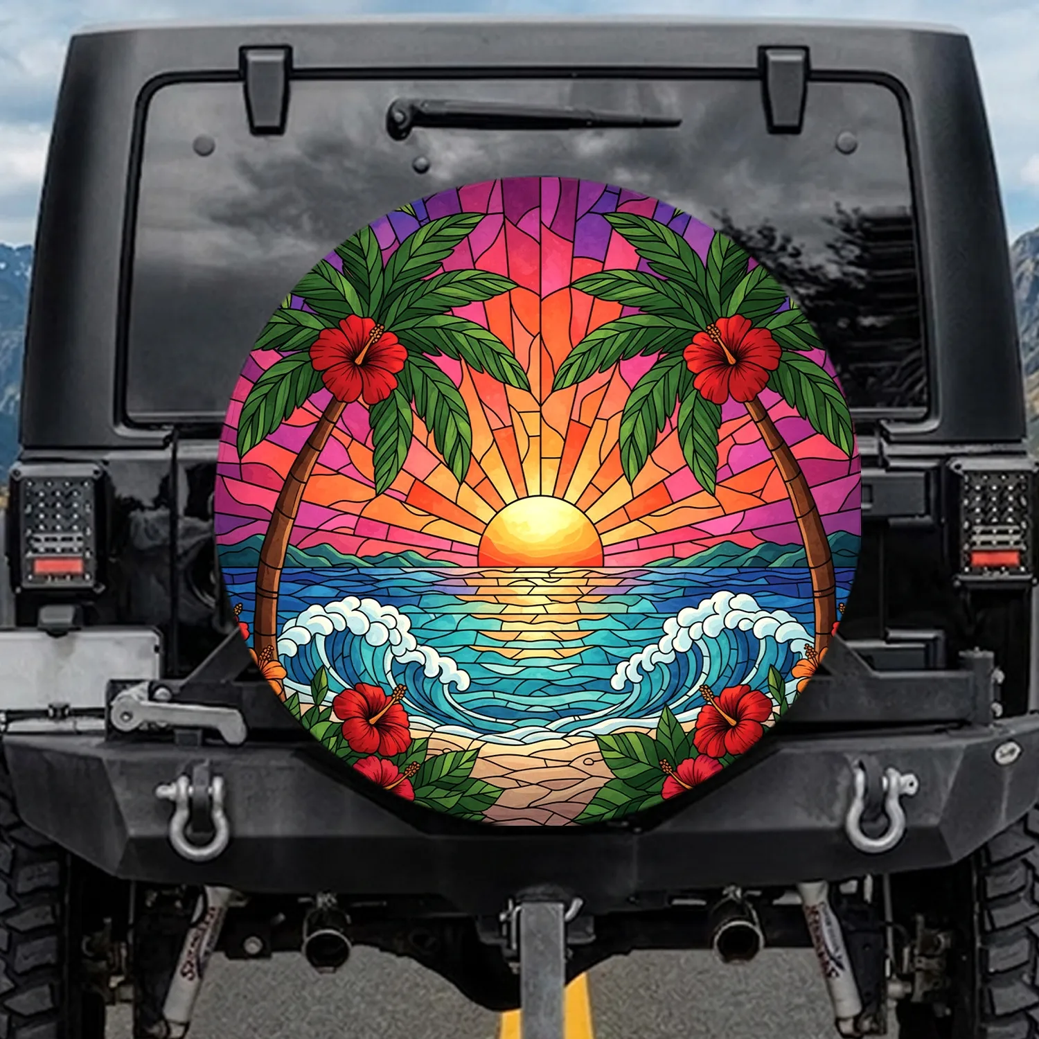 Tropical Ocean Sunset Palm Trees Hibiscus Foliage Islands - Travel Essentials Spare Tire Cover - 1