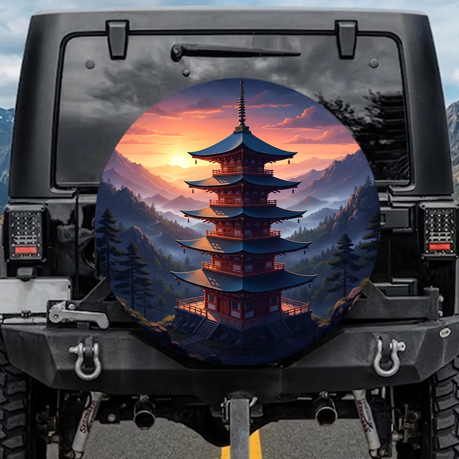 Japanese Five-Tier Pagoda Mountain Forest Golden Sun - Nature Lover Travel Gift Spare Tire Cover - 1