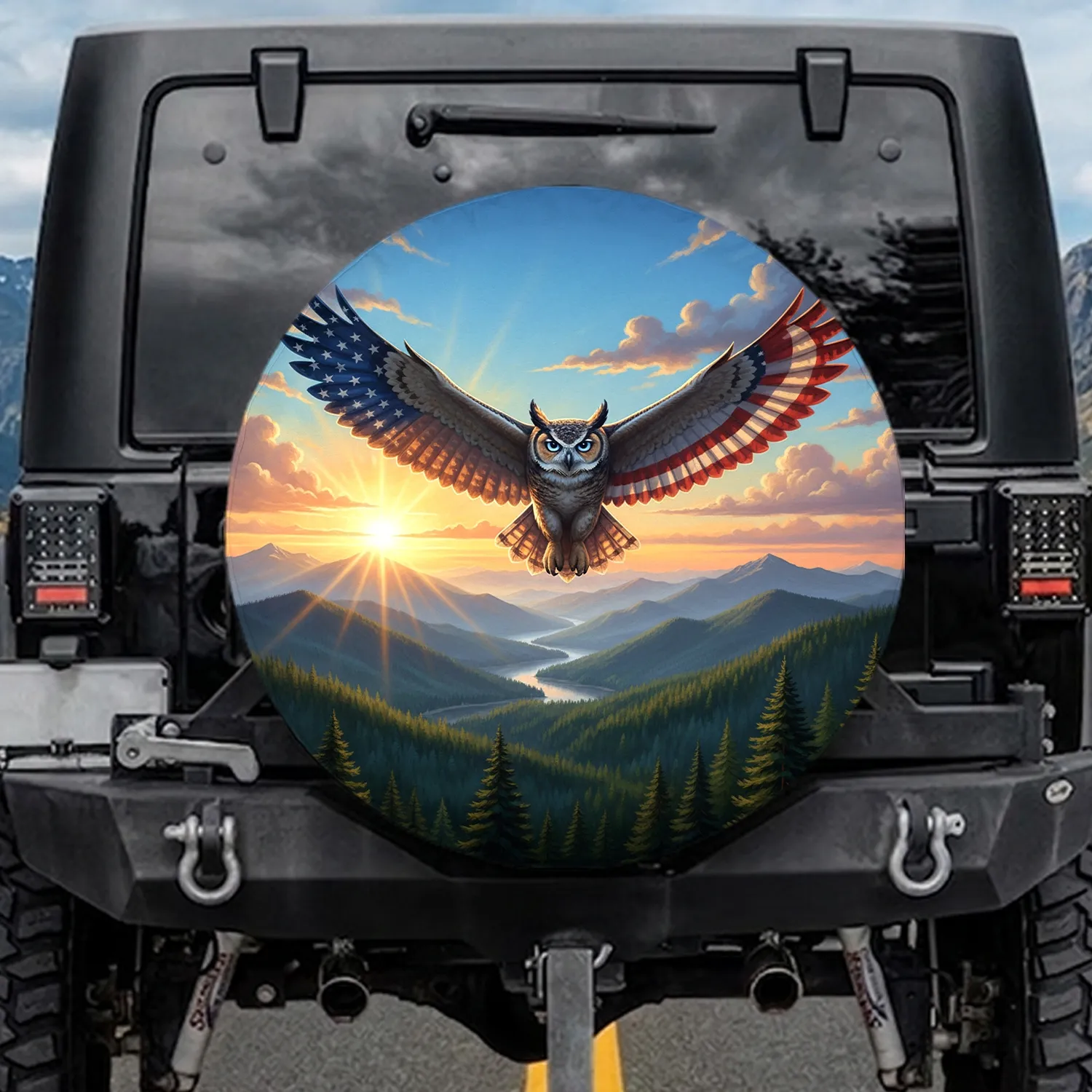 Great Horned Owl American Flag Mountain Scene - Independence Day Gift for Veterans Spare Tire Cover - 1