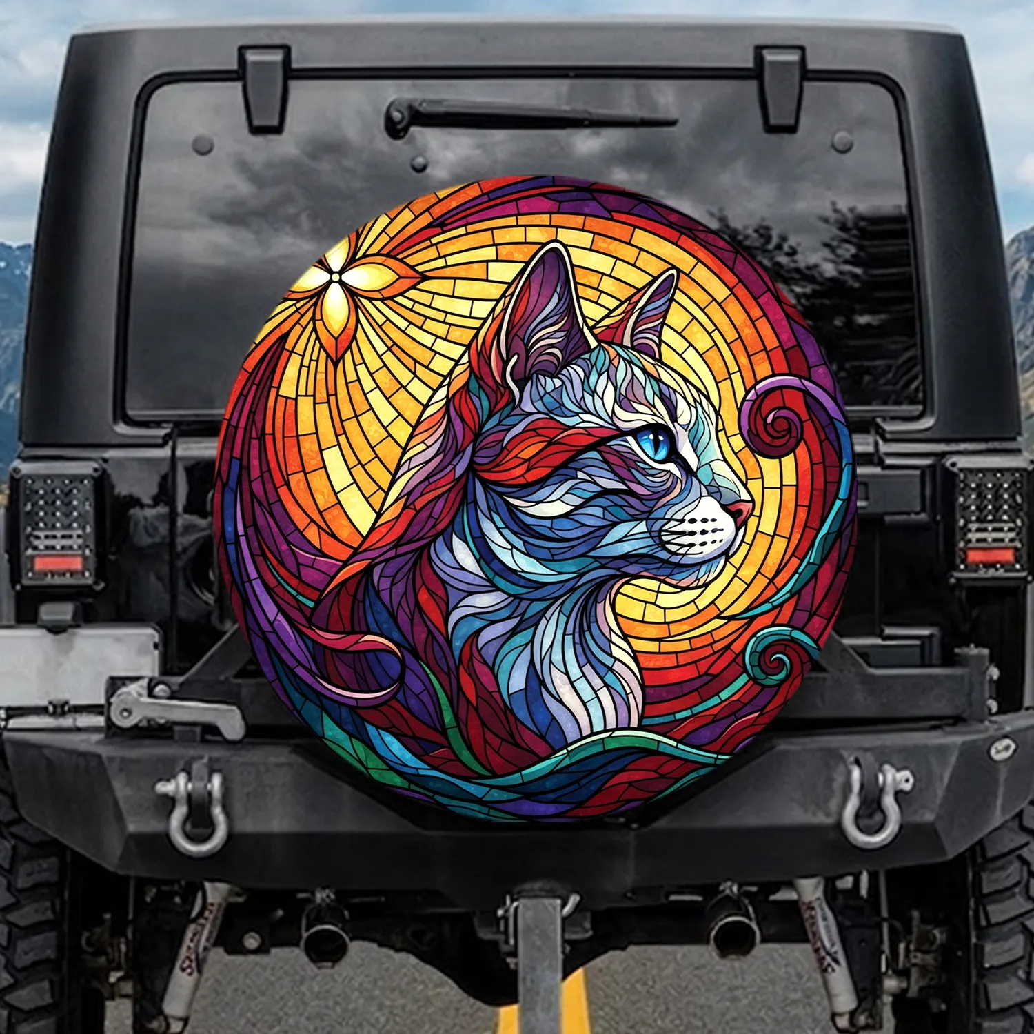 Cat Head Stained Glass Profile with Sunburst - Home Decor Gift for Cat Lovers Spare Tire Cover - 1