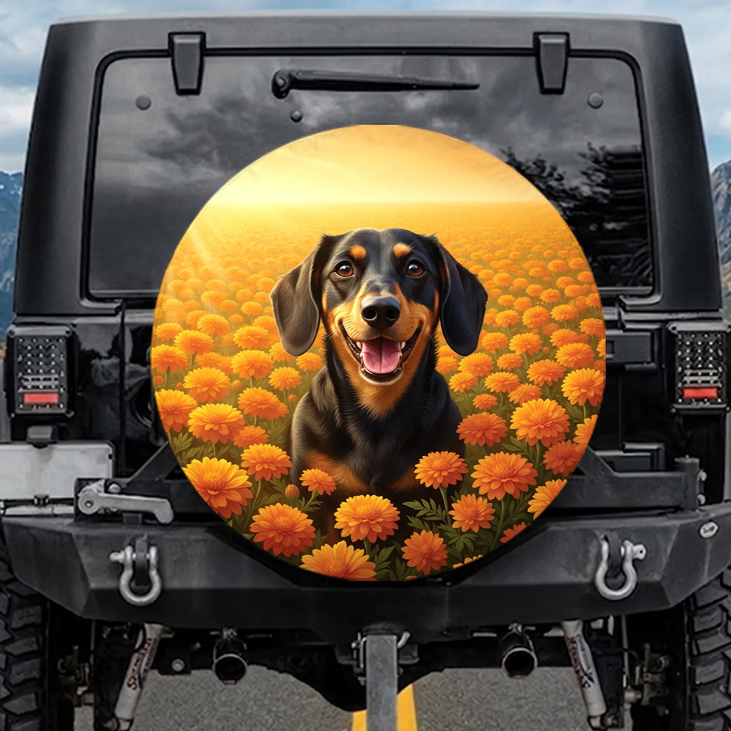 Black Tan Dachshund Marigold Field - Pet Lover Gift with Sun Ray Sky Spare Tire Cover - 1
