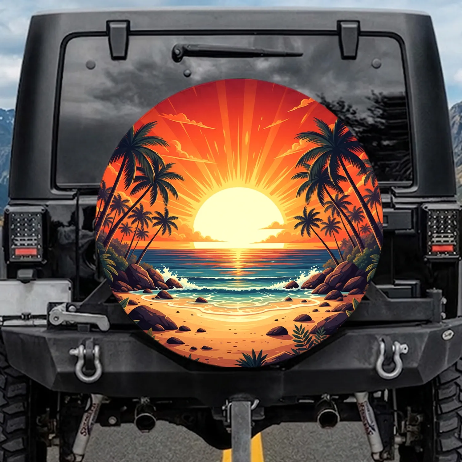 Radiant Sun Tropical Beach Sunset Palm Trees - Outdoor Travel Gear for Beach Lovers Spare Tire Cover - 1