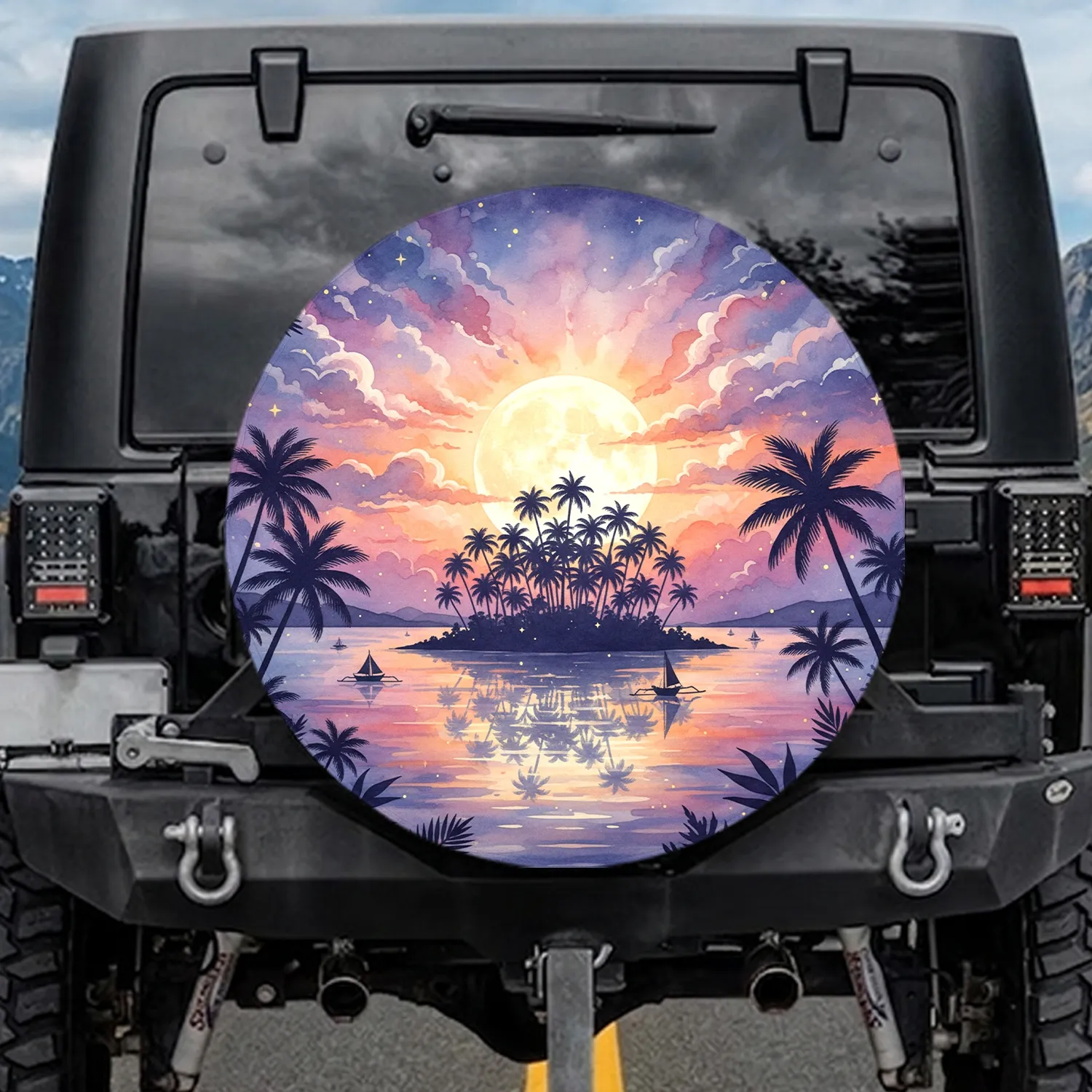 Full Moon Tropical Island Shoreline - Home Decor Gift Spare Tire Cover - 1
